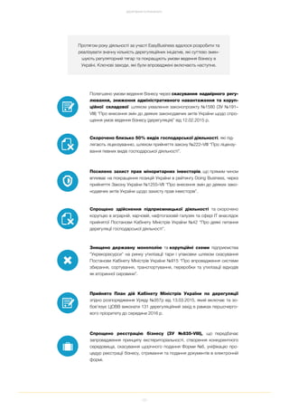 22
ДОСЯГНЕННЯ ТА РЕЗУЛЬТАТИ
Протягом року діяльності за участі EasyBusiness вдалося розробити та
реалізувати значну кількість дерегуляційних ініціатив, які суттєво змен
шують регуляторний тягар та покращують умови ведення бізнесу в
Україні. Ключові заходи, які були впроваджені включають наступне.
Полегшено умови ведення бізнесу через скасування надмірного регу
лювання, зниження адміністративного навантаження та коруп
ційної складової шляхом ухвалення законопроекту №1580 (ЗУ №191–
VIII) “Про внесення змін до деяких законодавчих актів України щодо спро
щення умов ведення бізнесу (дерегуляція)” від 12.02.2015 р.
Скорочено близько 50% видів господарської діяльності, які під
лягають ліцензуванню, шляхом прийняття закону №222–VIII “Про ліцензу
вання певних видів господарської діяльності”.
Посилено захист прав міноритарних інвесторів, що прямим чином
впливає на покращення позицій України в рейтингу Doing Business, через
прийняття Закону України №1255–VII “Про внесення змін до деяких зако
нодавчих актів України щодо захисту прав інвесторів”.
Спрощено здійснення підприємницької діяльності та скорочено
корупцію в аграрній, харчовій, нафтогазовій галузях та сфері ІТ внаслідок
прийнятої Постанови Кабінету Міністрів України №42 “Про деякі питання
дерегуляції господарської діяльності”.
Знищено державну монополію та корупційні схеми підприємства
“Укрекоресурси” на ринку утилізації тари і упаковки шляхом скасування
Постанови Кабінету Міністрів України №915 “Про впровадження системи
збирання, сортування, транспортування, переробки та утилізації відходів
як вторинної сировини”.
Прийнято План дій Кабінету Міністрів України по дерегуляції
згідно розпорядження Уряду №357р від 13.03.2015, який включає та зо
бов’язує ЦОВВ виконати 131 дерегуляційний захід в рамках першочерго
вого пріоритету до середини 2016 р.
Спрощено реєстрацію бізнесу (ЗУ №835 VIII), що передбачає
запровадження принципу екстериторіальності, створення конкурентного
середовища, скасування щорічного подання Форми №6, уніфікацію про
цедур реєстрації бізнесу, отримання та подання документів в електронній
формі.
 