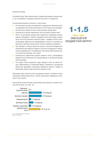 29
ДОСЯГНЕННЯ ТА РЕЗУЛЬТАТИ
АГРАРНА ГАЛУЗЬ:
В аграрній галузі Закон вдосконалює правове регулювання оренди зем
лі, що є необхідною складовою розвитку сільського господарства.
Ключові вдосконалення полягають у наступному:
■ Не допускається будь яке відчуження орендованих земельних діля
нок державної або комунальної власності без згоди на це орендаря.
■ Скорочується перелік істотних умов договору оренди землі.
■ Скасовується перелік невід’ємних частин договору оренди землі.
■ Об’єкт за договором оренди землі вважається переданим орендо
давцем орендареві з моменту державної реєстрації права оренди,
якщо інше не встановлено законом (зараз – передача об'єкта орен
ди орендарю здійснюється орендодавцем у строки та на умовах, що
визначені у договорі оренди землі, за актом приймання передачі).
■ При передачі в оренду земельних ділянок сільськогосподарського
призначення для ведення товарного сільськогосподарського вироб
ництва, фермерського господарства строк дії договору оренди зем
лі не може бути меншим, ніж 7 років.
■ Скасовується відробіткова форма (надання послуг орендодавцю)
орендної плати (залишаються грошова форма та натуральна форма
оплати оренди).
■ За згодою сторін розрахунки щодо орендної плати за землю мо
жуть здійснюватися у натуральній формі. Розрахунок у натуральній
формі має відповідати грошовому еквіваленту вартості товарів за
ринковими цінами на дату внесення орендної плати.
Реалізовані зміни спростять обіг орендованих земель та зроблять більш
прозорими земельні відносини, а також сприятимуть збереженню нале
жного стану ґрунтів.
Загальний економічний ефект від імплементації ініціативи становить бли
зько 20–38 млрд. грн. (Рис. 13).
Рис. 13. Економічний ефект від імплементації
Джерело: EasyBusiness
1 1.5
млн. грн.
ЗМЕНШЕННЯ
БЮДЖЕТНИХ ВИТРАТ
 
