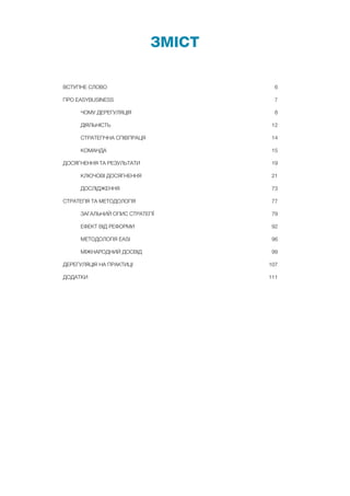 5
ВСТУПНЕ СЛОВО 6
ПРО EASYBUSINESS 7
ЧОМУ ДЕРЕГУЛЯЦІЯ 8
ДІЯЛЬНІСТЬ 12
СТРАТЕГІЧНА СПІВПРАЦЯ 14
КОМАНДА 15
ДОСЯГНЕННЯ ТА РЕЗУЛЬТАТИ 19
КЛЮЧОВІ ДОСЯГНЕННЯ 21
ДОСЛІДЖЕННЯ 73
СТРАТЕГІЯ ТА МЕТОДОЛОГІЯ 77
ЗАГАЛЬНИЙ ОПИС СТРАТЕГІЇ 79
ЕФЕКТ ВІД РЕФОРМИ 92
МЕТОДОЛОГІЯ EASI 96
МІЖНАРОДНИЙ ДОСВІД 99
ДЕРЕГУЛЯЦІЯ НА ПРАКТИЦІ 107
ДОДАТКИ 111
ЗМІСТ
 