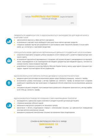 52
ДОСЯГНЕННЯ ТА РЕЗУЛЬТАТИ
ПЕРЕЛІК НАЙБІЛЬШ ВАГОМИХ ЗАДЕКЛАРОВАНИХ
ПЛАНОМ ДІЙ ЗАХОДІВ
(2/2)
ЛІКВІДУЮТЬСЯ НАДМІРНІ БАР’ЄРИ ТА ВДОСКОНАЛЮЄТЬСЯ ЗАКОНОДАВСТВО ДЛЯ ВЕДЕННЯ БІЗНЕСУ
В ХАРЧОВІЙ ГАЛУЗІ:
■ удосконалення відносин у сфері дитячого харчування;
■ встановлення у харчовій галузі необхідності реєстрації лише новітніх харчових продуктів;
■ створення правових підстав для розроблення та застосування нових технологій упаковки та інших мате
ріалів, що контактують з харчовими продуктами.
СПРОЩУЮТЬСЯ УМОВИ ЗДІЙСНЕННЯ ПІДПРИЄМНИЦЬКОЇ ДІЯЛЬНОСТІ В БУДІВЕЛЬНІЙ ГАЛУЗІ ЕКОНОМІКИ:
■ скорочення корупційної складової шляхом скасування сплати пайової участі у розвиток інфраструктури насе
леного пункту;
■ встановлення персональної відповідальності посадових осіб органів місцевого самоврядування за нерозроб
лення, незатвердження та не оприлюднення містобудівної документації (містобудівний кадастр, генплани на
селених пунктів, планів зонування території);
■ розроблення та внесення на розгляд Кабінету Міністрів України проекту закону щодо єдиної спрощеної про
цедури надання поштової адреси об’єкту будівництва.
СТАНОМ НА ЛИСТОПАД 2015 РОКУ ЗІ 131 ЗАХОДУ
ВИКОНАНО 18
ІНІЦІАТИВ
ВДОСКОНАЛЮЄТЬСЯ РЕГУЛЯТОРНА ПОЛІТИКА ДЕРЖАВИ В ГАЛУЗІ ЕЛЕКТРОЕНЕРГЕТИКИ:
■ введення єдиної для всіх видів альтернативних джерел енергії формули розрахунку «зеленого» тарифу;
■ встановлення розміру винагороди у вигляді надбавки до «зеленого» тарифу за використання складових
українського виробництва при проектуванні та будівництві об’єктів енергетики на альтернативних джерелах
енергії;
■ скасування місцевої складової, проте використання українського обладнання заохочується у вигляді надбав
ки (5–15%) до «зеленого» тарифу.
ВДОСКОНАЛЮЄТЬСЯ ПРАВОВЕ РЕГУЛЮВАННЯ У СФЕРІ ІНФОРМАЦІЙНИХ ТЕХНОЛОГІЙ:
■ впровадження у Цивільному кодексі можливості укладати ліцензійні договори дистанційно;
■ створення механізму публічної ліцензії;
■ визначення електронного документу як письмового доказу;
■ виключення з об’єкту оподаткування операції з електронними грошима, що здійснюються комерційними
агентами емітента електронних грошей;
■ врахування розрахунків електронними грошима при визначенні бази оподаткування.
 