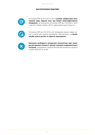 54
ДОСЯГНЕННЯ ТА РЕЗУЛЬТАТИ
Постановою КМУ від 29.12.2014 р. №719 усунено неефективне регу
лювання щодо надання пільг при імпорті енергоефективного
обладнання, що визначалися постановою КМУ від 14.05.2008 р. №444
та від якого бюджет України у 2013 р. недоотримав понад 1 млрд. грн.
Постановою КМУ від 14.01.2015 р. №1 затверджено перелік товарів, екс
порт та імпорт яких підлягає ліцензуванню, яким визначено, що імпорт
засобів захисту рослин не підлягає ліцензуванню.
Скасовано необхідність погодження технологічних карт закла
дів ресторанного бізнесу в органах санітарно епідеміологічного
контролю, затвердженого Наказом Міністерства економічного розвитку
і торгівлі 20.05.2015 р. № 509
ІНШІ РЕАЛІЗОВАНІ ІНІЦІАТИВИ
 