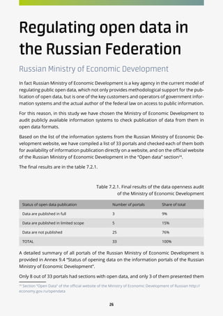 26
Regulating open data in
the Russian Federation
Russian Ministry of Economic Development
In fact Russian Ministry of Economic Development is a key agency in the current model of
regulating public open data, which not only provides methodological support for the pub-
lication of open data, but is one of the key customers and operators of government infor-
mation systems and the actual author of the federal law on access to public information.
For this reason, in this study we have chosen the Ministry of Economic Development to
audit publicly available information systems to check publication of data from them in
open data formats.
Based on the list of the information systems from the Russian Ministry of Economic De-
velopment website, we have compiled a list of 33 portals and checked each of them both
for availability of information publication directly on a website, and on the official website
of the Russian Ministry of Economic Development in the “Open data” section24
.
The final results are in the table 7.2.1.
Table 7.2.1. Final results of the data openness audit
of the Ministry of Economic Development
Status of open data publication Number of portals Share of total
Data are published in full 3 9%
Data are published in limited scope 5 15%
Data are not published 25 76%
TOTAL 33 100%
A detailed summary of all portals of the Russian Ministry of Economic Development is
provided in Annex 9.4 “Status of opening data on the information portals of the Russian
Ministry of Economic Development”.
Only 8 out of 33 portals had sections with open data, and only 3 of them presented them
24
Section “Open Data” of the official website of the Ministry of Economic Development of Russian http://
economy.gov.ru/opendata
 