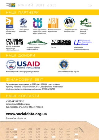 ГС «Вільна громада –
комфортне місто»
Сильні громади
Донеччини
Могилянська школа
журналістики
Школа журналістики
Українського католи-
цького університету
Агентство США з міжнародного розвитку Посольство США в Україні
Загальна сума надходжень за 2015 рік – 301 000 грн – в рамках
проекту «Прозорі місцеві вибори 2015», за підтримки Української
ініціативи зміцнення громадської довіри (UCBI) та USAID.
+380 44 331 78 32
inbox@socialdata.org.ua
вул. Гайдара 54а, Київ, 01033, Україна
www.socialdata.org.ua
fb.com/socialdata.ua
Центр громадського
контролю «Дій!»
Гуманітарна
фундація
Helper UA
FISCO id Універсальна
екзаменаційна мережа
БАЧЕННЯ
СУСПІЛЬНО
Інститут громадської
журналістики
«Суспільнобачення»
Український
освітній центр
реформ
16
 