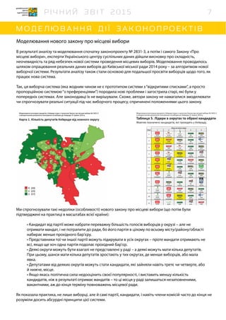 Моделювання нового закону про місцеві вибори
В результаті аналізу та моделювання спочатку законопроекту № 2831-3, а потім і самого Закону «Про
місцеві вибори», експерти Українського центру суспільних даних дійшли висновку про складність,
неочевидність та ряд небезпек нової системи проведення місцевих виборів. Моделювання проводилось
шляхом опрацювання реальних даних виборів до Київської міської ради 2014 року – за алгоритмом нової
виборчої системи. Результати аналізу також стали основою для подальшої просвіти виборців щодо того, як
працює нова система.
Так, ця виборча система (яка жодним чином не є прототипом системи з“відкритими списками”, а просто
пропорційною системою“з преференціями”) породила нові проблеми і загострила старі, які були у
попередніх системах. Але законодавці їх не вирішували. Схоже, автори закону не намагалися змоделювати
чи спрогнозувати реальні ситуації під час виборчого процесу, спричинені положеннями цього закону.
Ми спрогнозували такі недоліки (особливості) нового закону про місцеві вибори (що потім були
підтверджені на практиці в масштабах всієї країни):
• Кандидат від партії може набрати переважну більшість голосів виборців у окрузі – але не
отримати мандат, і не потрапити до ради, бо його партія в цілому по всьому місту/району/області
набирає менше прохідного бар’єру.	
• Представники тої чи іншої партії можуть лідирувати в усіх округах – проте мандати отримають не
всі, якщо ще хоч одна партія подолає прохідний бар’єр.	
• Деякі округи можуть бути взагалі не представлені у раді – а деякі можуть мати кілька депутатів.
При цьому, шанси мати кілька депутатів зростають у тих округах, де менше виборців, або мала
явка.	
• Депутатами від деяких округів можуть стати кандидати, які зайняли навіть третє чи четверте, або
й нижче, місце.
• Якщо якась політична сила недооцінить своєї популярності, і виставить меншу кількість
кандидатів, ніж в результаті отримає мандатів – то ці місця у раді залишаться незаповненими,
вакантними, аж до кінця терміну повноважень місцевої ради.
Як показала практика, не лише виборці, але й самі партії, кандидати, і навіть члени комісій часто до кінця не
розуміли досить абсурдні принципи цієї системи.
7
 