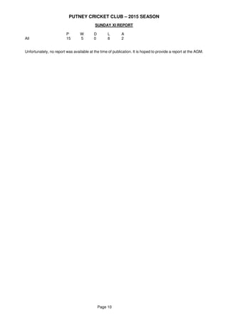 PUTNEY CRICKET CLUB – 2015 SEASON
Page 10
SUNDAY XI REPORT
P W D L A
All 15 5 0 8 2
Unfortunately, no report was available at the time of publication. It is hoped to provide a report at the AGM.
 