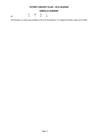PUTNEY CRICKET CLUB – 2015 SEASON
Page 11
SUNDAY 2nd
XI REPORT
P W D L
All 5 1 0 4
Unfortunately, no report was available at the time of publication. It is hoped to provide a report at the AGM.
 