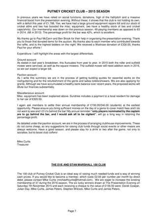 PUTNEY CRICKET CLUB – 2015 SEASON
Page 7
In previous years we have relied on social functions, donations, high of the hall/pitch and a massive
financial boost from the presentation evening. Without these, it shows that the club is not holding its own,
with a deficit this year of £1,788. Yes, we have had a large ground equipment repairs bill and our stock of
cricket attire and ties has boosted the misc. equipment, (we have a healthy stock of ties and cricket
caps/shirts). Our membership was down on the previous season, 49 playing members as opposed to 63
in 2014, (66 in 2013). The percentage profit for the bar was 42%, which is excellent.
My thanks go to Paul McCann and Ben Brook for their help in organising the presentation evening. Thank
you to those that donated items for the auction. My thanks also to each member who contributed towards
the raffle, and to the highest bidders on the night. We received a Waitrose donation of £330.00, thanks
Paul for your efforts !
Expenditure: I will highlight the areas with the largest differentials.
Ground account:
As stated in last year’s breakdown, this fluctuates from year to year. In 2015 both the roller and outfield
mower were serviced, as well as the square mowers. The outfield mower will need addition work in 2016,
so we can expect a larger bill.
Pavilion account:
As I write this summary we are in the process of getting building quotes for essential works on the
roof/guttering and for the refurbishment of the gents and ladies toilets/showers. We are also applying for
grants. Although we have accumulated a healthy bank balance over recent years, the proposed works will
dilute our finances substantially.
Miscellaneous account:
Misc. equipment has been explained above. Sundries includes a payment to a local resident for damage
to her car of £320.00.
I again ask members to settle their annual membership of £100.00/£40.00 (students) at the earliest
opportunity. Please ensure you bring sufficient monies on the day of a game to cover match fees and I do
not want to see and I.O.U’s behind the bar! My annual reminder “only players nominated by the captain
are to go behind the bar, and I would ask all to be vigilant”, will go a long way in retaining the
percentage profit.
As detailed under the pavilion account, we are in the process of arranging clubhouse improvements. These
do not come cheap, so any suggestions for raising club funds through social events or other means are
always welcome. Have a good season, and please stay for a drink or two after the game, not only to
socialise, but to boost club coffers!
Mike Curtis
Treasurer
THE EVE AND STAN MARSHALL 100 CLUB
The 100 club of Putney Cricket Club is an ideal way of raising much needed funds and a way of winning
cash prizes. If you would like to become a member, which costs £2.00 per number per month by direct
debit, please contact Mike Curtis (michaelhcurtis@hotmail.com). We are eager to increase the existing
membership of 37 during the 2016 season. The six lucky winners drawn at The Presentation Evening on
Saturday 7th November 2015 and each receiving a cheque to the value of £100.00 were: Derek Cowper,
Julian Day, Mike Curtis, James Peters, Stephen Wilcock, Mike Curtis and James Peters.
 