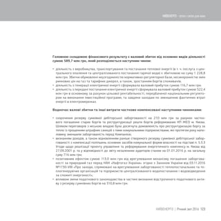 Головною складовою фінансового результату є валовий збиток від основних видів діяльності
сумою 589,7 млн грн, який розподіляється наступним чином:
 діяльність з виробництва, транспортування та постачання теплової енергії (в т. ч. послуга з цен-
трального опалення та централізованого постачання гарячої води) є збитковою на суму 1 228,8
млн грн. Збитки обумовлені неузгодженістю нормативно-регуляторної бази, несинхронністю змін
ринкових цін на газ та тарифних джерел, а також, зростанням боргів споживачів;
 діяльність з генерації електричної енергії сформувала валовий прибуток сумою 116,7 млн грн;
 діяльність з передачі постачання електричної енергії сформувала валовий прибуток сумою 522,4
млн грн в основному за рахунок цільової рентабельності, передбаченої національним регулято-
ром на виконання інвестиційної програми, та завдяки заходам по зменшенню фактичних втрат
енергії в електромережах.
Водночас валові збитки та інші витрати частково компенсовані наступними чинниками:
 cкорочення резерву сумнівної дебіторської заборгованості на 210 млн грн за рахунок частко-
вого погашення старих боргів та реструктуризації решти боргів реформованих КП ЖЕО м. Києва.
Шляхом переговорів з міською владою була досягнута домовленість про реструктуризацію боргу за
тепло із прощенням штрафних санкцій з тими комунальними підприємствами, які протягом року напо-
ловину зменшили заборгованість перед Компанією;
 визнанням доходів, а також відновленням раніше створеного резерву сумнівної дебіторської забор-
гованості з компенсації поліпшень основних засобів комунальної форми власності на підставі п. 5.3.3
Угоди щодо реалізації проекту управління та реформування енергетичного комплексу м. Києва від
27.09.2001 р. та у відповідності до звіту незалежних аудиторів станом на 01.01.2016 р. на загальну
суму 716 млн грн;
 позитивним ефектом сумою 113,0 млн грн від врегулювання механізму погашення заборгова-
ності за природний газ перед НАК «Нафтогаз України» згідно з Законом України від 03.11.2016
№1730-VIII «Про заходи, спрямовані на врегулювання заборгованості теплопостачальних та те-
плогенеруючих організацій та підприємств централізованого водопостачання і водовідведення
за спожиті енергоносії»;
 впливом зміни податкового законодавства в частині визнання відстроченого податкового акти-
ву з резерву сумнівних боргів на 310,8 млн грн.
123КИЇВЕНЕРГО | Річний звіт 2016
КИЇВЕНЕРГО - тепло і світло для киян
 