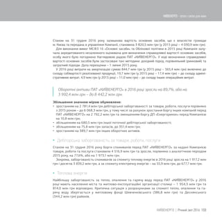 Станом на 31 грудня 2016 року залишкова вартість основних засобів, що є власністю громади
м. Києва та передана в управління Компанії, становила 3 820,5 млн грн (у 2015 році – 4 030,9 млн грн).
Для виконання вимог МСФЗ 16 «Основні засоби» та Облікової політики в 2015 році Компанія залу-
чала акредитованого незалежного оцінювача для визначення справедливої вартості основних засобів,
особу якого було погоджено Наглядовою радою ПАТ «КИЇВЕНЕРГО». У ході визначення справедливої
вартості основних засобів були застосовані такі методики: дохідний підхід, порівняльний (ринковий) та
затратний підходи. Дата переоцінки – 1 липня 2015 року.
У 2016 році витрати на амортизацію сумою 844,7 млн грн (у 2015 році – 565,4 млн грн) включено до
складу собівартості реалізованої продукції, 19,7 млн грн (у 2015 році – 17,4 млн грн) – до складу адміні-
стративних витрат, 4,9 млн грн (у 2015 році – 11,0 млн грн) – до складу інших операційних витрат.
Оборотні активи ПАТ «КИЇВЕНЕРГО» в 2016 році зросли на 89,7%, або на
3 992,4 млн грн – до 8 442,2 млн грн.
Збільшення значною мірою обумовлене:
 зростанням на 2 781,4 млн грн дебіторської заборгованості за товари, роботи, послуги порівняно
з 2015 роком – до 6 068,3 млн грн, у тому числі за рахунок зростання боргу інших компаній перед
ПАТ «КИЇВЕНЕРГО» на 2 792,2 млн грн та зменшенням боргу ДП «Енергоринок» перед Компанією
на 10,8 млн грн;
 збільшенням на 680,5 млн грн іншої поточної дебіторської заборгованості;
 збільшенням на 75,8 млн грн запасів, до 351,4 млн грн;
 зростанням на 389,7 млн грн інших оборотних активів.
 Дебіторська заборгованість за товари, роботи, послуги
Станом на 31 грудня 2016 року борги споживачів перед ПАТ «КИЇВЕНЕРГО» за надані Компанією
товари, роботи та послуги становили 4 516,9 млн грн та зросли, порівняно з аналогічною періодом
2015 року, на 77,6%, або на 1 973,1 млн грн.
Зокрема, заборгованість споживачів за спожиту теплову енергію в 2016 році зросла на 1 917,2 млн
грн і досягла 3 839,2 млн грн, а за спожиту електричну енергію – на 55,9 млн грн, до 677,7 млн грн.
 Теплова енергія
Найбільшу заборгованість за тепло, опалення та гарячу воду перед ПАТ «КИЇВЕНЕРГО» у 2016
році мають населення міста та житлово-експлуатаційні організації столиці – 1 954,3 млн грн та
814,0 млн грн відповідно. Критична ситуація з розрахунками за спожиті тепло, опалення та га-
рячу воду зберігається у житловому фонді Шевченківського (386,8 млн грн) та Деснянського
(344,2 млн грн) районів.
133КИЇВЕНЕРГО | Річний звіт 2016
КИЇВЕНЕРГО - тепло і світло для киян
 