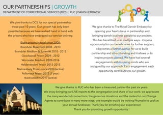 OUR PARTNERSHIPS | GROWTH
DEPARTMENT OF CORRECTIONAL SERVICES (DCS) | RUC | DANISH EMBASSY
We give thanks to RUC who has been a treasured partner the past six years.
We enjoy bringing our LIVE reports to the congregation and share of our work; we appreciate
the many wonderful connections, the generous donations and the invites for our Change
Agents to contribute in many more ways; one example would be inviting Phumzile to cook at
your annual fundraiser. Thank you for enriching our experience!
Thank you for providing growth opportunity !
We give thanks to DCS for our special partnership
these past 10 years! Our growth has only been
possible because we have walked hand in hand with
the prisons who have embraced our service delivery. 
Eight prisons in total since 2008:
Brandvlei Maximum 2008 - 2013
Brandvlei Medium & Juvenile 2010 - 2012
Goodwood Prison 2009 - 2012
Worcester Medium 2009-2016
Helderstroom Prison 2013-2015
Malmesbury Prison since 2013 (active)
Pollsmoor Prison 2012 (1 year)  
reactivated in 2017 (active)
We give thanks to The Royal Danish Embassy for
opening your hearts to us in partnership and
bringing danish business people to our projects.
This has beneﬁtted us in multiple ways - it opens
opportunity for our beneﬁciaries for further support,
it becomes a further avenue for us to build
partnership and attract funding and it allows us to
inspire projects abroad. We have had several
engagements with inspiring minds who are
intrigued by our approach. Each engagement, each
opportunity contributes to our growth.
 