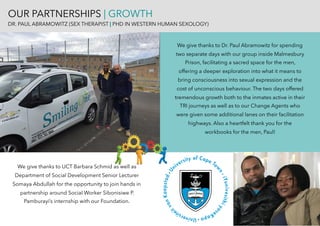 OUR PARTNERSHIPS | GROWTH
DR. PAUL ABRAMOWITZ (SEX THERAPIST | PHD IN WESTERN HUMAN SEXOLOGY)
We give thanks to Dr. Paul Abramowitz for spending
two separate days with our group inside Malmesbury
Prison, facilitating a sacred space for the men,
offering a deeper exploration into what it means to
bring consciousness into sexual expression and the
cost of unconscious behaviour. The two days offered
tremendous growth both to the inmates active in their
TRI journeys as well as to our Change Agents who
were given some additional lanes on their facilitation
highways. Also a heartfelt thank you for the
workbooks for the men, Paul!
We give thanks to UCT Barbara Schmid as well as
Department of Social Development Senior Lecturer
Somaya Abdullah for the opportunity to join hands in
partnership around Social Worker Sibonisiwe P.
Pamburayi’s internship with our Foundation.
 