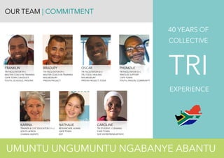 OUR TEAM | COMMITMENT
FRANKLIN BRADLEY OSCAR PHUMZILE
TRI FACILITATOR (9+) TRI FACILITATOR (9+) TRI FACILITATOR (6+) TRI FACILITATOR (5+)
MASTER COACH IN TRAINING MASTER COACH IN TRAINING TRI, YOGA, HEALING PAROLEE SUPPORT
CAPE TOWN, CRADOCK MALMESBURY MALMESBURY CAPE TOWN
YOUTH, SCHOOLS, PRISONS PRISON PROJECT PRISON PROJECT, YOGA YOUTH, PRISON, COMMUNITY
KARINA NATHALIE CAROLINE
TRAINER & COC EDUCATOR (11+) RESEARCHER, ADMIN TRI STUDENT, CLEANING
SOUTH AFRICA CAPE TOWN CAPE TOWN
CHANGE AGENTS SOF SOF ENTREPRENEUR PATH
UMUNTU UNGUMUNTU NGABANYE ABANTU
40 YEARS OF
COLLECTIVE
TRI
EXPERIENCE
 