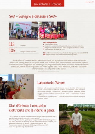 Cosa viene garantito?
Distribuzione di riso
Copertura tasse scolastiche e distribuzione materiale scolastico
Organizzazione di un campo estivo con giochi ed attivita’ ludiche
Distribuzione dei regali per il TET
115 bambini e bambine hanno partecipato al programma nel corso del 2017
105 famiglie italiane sono state coinvolte nel programma
Riﬂettere sulla condizione dell’infanzia nel mondo: il diritto all’istruzione è
davvero universale? Quali diﬀicoltà esistono per i bambini vietnamiti? Ecco
alcune delle domande chiave su cui il laboratorio oﬀerto ai bambini italiani
tenta di riﬂettere giocando, raccontando una storia e …costruendo l’origami
dell’Airone.
2 esperienze con 15 partecipanti. ….E il 2018 ci vedrà particolarmente impegnati
su questo fronte!
“Se il GTV fosse un animale, sarebbe un orso: l’orso e’ infatti un animale forte e
grande, che protegge ferocemente i propri cuccioli.”
Pham Hong Thai, 19 anni – partecipa al programma SAD dal 2010 ed oggi riceve
una borsa di studio per il college. É stato intervistato da Anna Formilan, una
volontaria italiana che ha raccolto 3 storie di successo del SAD.
Per conoscere le storie di successo del Sostegno A Distanza di GTV
visita www.gtvonline.org - diari d’oriente
SAD - Sostegno a distanza e SAD+
Laboratorio l’Airone
Diari d’Oriente: il meccanico
elettricista che fa ridere la gente
115 bambini
105 famiglie italiane coinvolte
Tra Vietnam e Trentino
“Grazie inﬁnite GTV! Queste notizie ci riempiono di gioia e di orgoglio. Anche se non abbiamo mai potuto
abbracciare Phuong per noi in tutti questi anni e’ stata la quarta ﬁglia. I nostri bambini sono cresciuti sapendo
di avere una sorella maggiore in Viet nam ed ogni suo progresso o notizia veniva raccontato ad amici e familiari
con il cuore pieno di felicità. Auguriamo alla nostra ragazza tutto il bene del mondo, certi che il suo ricordo
rimarra’ impresso per sempre nel nostro cuore..”
Roberto, Roberta, Fabrizio, Tommaso e Gabriele
Annual Report 2017
 