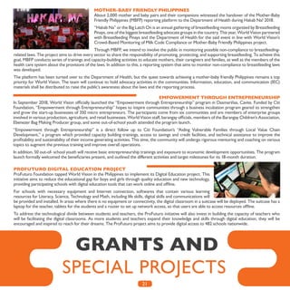 21
GRANTS AND
SPECIAL PROJECTS
MOTHER-BABY FRIENDLY PHILIPPINES
About 2,000 mother and baby pairs and their companions witnessed the handover of the Mother-Baby
Friendly Philippines (MBFP) reporting platform to the Department of Health during Hakab Na! 2018.
“Hakab Na” or the Big Latch On is an annual gathering of breastfeeding moms organized by Breastfeeding
Pinays, one of the biggest breastfeeding advocate groups in the country. This year, World Vision partnered
with Breastfeeding Pinays and the Department of Health for the said event in line with World Vision’s
Crowd-Based Monitoring of Milk Code Compliance or Mother-Baby Friendly Philippines project.
Through MBFP, we intend to involve the public in monitoring possible non-compliance to breastfeeding-
related laws. The project aims to drive every sector to share the responsibility of promoting, protecting, and supporting breastfeeding. To achieve this
goal, MBFP conducts series of trainings and capacity-building activities to educate mothers, their caregivers and families, as well as the members of the
health care system about the provisions of the laws. In addition to this, a reporting system that aims to monitor non-compliance to breastfeeding laws
was developed.
The platform has been turned over to the Department of Health, but the quest towards achieving a mother-baby friendly Philippines remains a top
priority for World Vision. The team will continue to hold advocacy activities in the communities. Information, education, and communication (IEC)
materials shall be distributed to raise the public’s awareness about the laws and the reporting process.
EMPOWERMENT THROUGH ENTREPRENEURSHIP
In September 2018, World Vision officially launched the “Empowerment through Entrepreneurship” program in Dasmariñas, Cavite. Funded by Citi
Foundation, “Empowerment through Entrepreneurship” hopes to inspire communities through a business incubation program geared to strengthen
and grow the start-up businesses of 350 micro entrepreneurs. The participants come from six communities and are members of enterprise groups
involved in various production, agriculture, and retail businesses. World Vision staff, barangay officials, members of the Barangay Children’s Association,
Ebenezer Bag Making Producer group, and some out-of-school youth attended the program launch.
“Empowerment through Entrepreneurship” is a direct follow up to Citi Foundation’s “Aiding Vulnerable Families through Local Value Chain
Development,” a program which provided capacity building trainings, access to savings and credit facilities, and technical assistance to improve the
profitability and sustainability of their income generating activities. This time, the community will undergo rigorous mentoring and coaching on various
topics to augment the previous training and improve overall operations.
In addition, 50 out-of- school youth will receive basic entrepreneurship trainings and exposure to economic development opportunities. The program
launch formally welcomed the beneficiaries present, and outlined the different activities and target milestones for its 18-month duration.
PROFUTURO DIGITAL EDUCATION PROJECT
ProFuturo Foundation tapped World Vision in the Philippines to implement its Digital Education project. This
initiative aims to reduce the educational gap for boys and girls through quality education and new technology,
providing participating schools with digital education tools that can work online and offline.
For schools with necessary equipment and Internet connection, softwares that contain various learning
resources for Literacy, Science, Technology and Math, including life skills, digital skills and communications will
be provided and installed. In areas where there is no equipment or connectivity, the digital classroom in a suitcase will be deployed. The suitcase has a
laptop for the teacher, tablets for the students and a router to set up network access, so that users are able to access resources offline.
To address the technological divide between students and teachers, the ProFuturo initiative will also invest in building the capacity of teachers who
will be facilitating the digital classrooms. As more students and teachers expand their knowledge and skills through digital education, they will be
encouraged and inspired to reach for their dreams. The ProFuturo project aims to provide digital access to 482 schools nationwide.
 