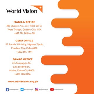 MANILA OFFICE
389 Quezon Ave., cor. West 6th St.
West Triangle, Quezon City, 1104
+632 374 7618 to 28
CEBU OFFICE
2F Arcada 5 Building, Highway Tipolo
Mandaue City, Cebu 6000
+6332 505 4444
DAVAO OFFICE
376 Sampaguita St.,
Juna Subdivision,
Matina, Davao City 8000
+6382 285 8306
www.worldvision.org.ph
worldvisionph worldvisionphworldvisionph worldvisionphl
 