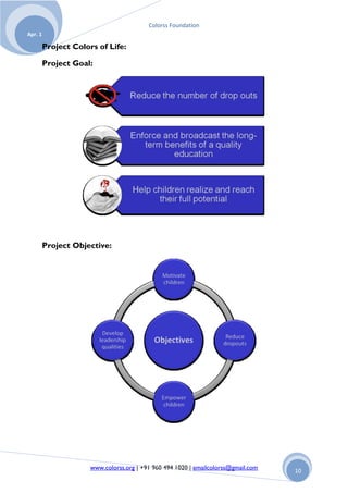 Colorss Foundation
Apr. 1

         Project Colors of Life:

         Project Goal:




         Project Objective:




                      www.colorss.org | +91 960 494 1020 | emailcolorss@gmail.com   10
 