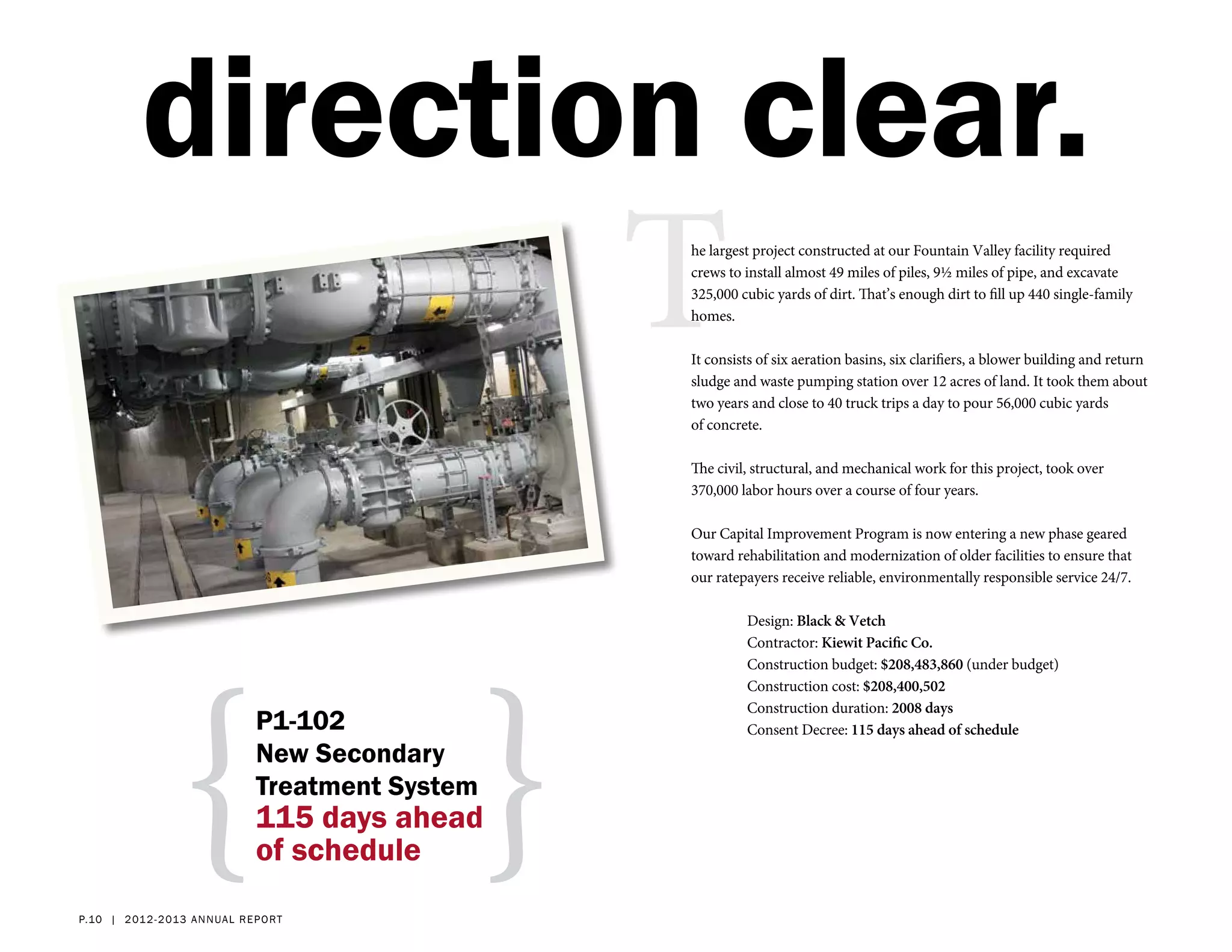 direction clear.
                                                     T
                                                     he largest project constructed at our Fountain Valley facility required
                                                     crews to install almost 49 miles of piles, 9½ miles of pipe, and excavate
                                                     325,000 cubic yards of dirt. That’s enough dirt to fill up 440 single-family
                                                     homes.

                                                     It consists of six aeration basins, six clarifiers, a blower building and return
                                                     sludge and waste pumping station over 12 acres of land. It took them about
                                                     two years and close to 40 truck trips a day to pour 56,000 cubic yards
                                                     of concrete.

                                                     The civil, structural, and mechanical work for this project, took over
                                                     370,000 labor hours over a course of four years.

                                                     Our Capital Improvement Program is now entering a new phase geared
                                                     toward rehabilitation and modernization of older facilities to ensure that
                                                     our ratepayers receive reliable, environmentally responsible service 24/7.

                                                              Design: Black & Vetch




                 {                               }
                                                              Contractor: Kiewit Pacific Co.
                                                              Construction budget: $208,483,860 (under budget)
                                                              Construction cost: $208,400,502
                                                              Construction duration: 2008 days
                              P1-102                          Consent Decree: 115 days ahead of schedule
                              New Secondary
                              Treatment System
                              115 days ahead
                              of schedule
p.10 | 2 012- 2 013 a nn ual report
 
