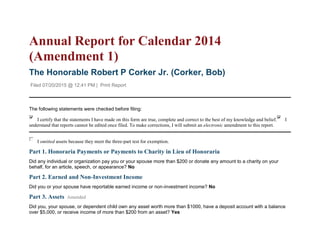 Annual Report for Calendar 2014
(Amendment 1)
The Honorable Robert P Corker Jr. (Corker, Bob)
Filed 07/20/2015 @ 12:41 PM | Print Report
The following statements were checked before filing:
I certify that the statements I have made on this form are true, complete and correct to the best of my knowledge and belief. I
understand that reports cannot be edited once filed. To make corrections, I will submit an electronic amendment to this report.
I omitted assets because they meet the three-part test for exemption.
Part 1. Honoraria Payments or Payments to Charity in Lieu of Honoraria
Did any individual or organization pay you or your spouse more than $200 or donate any amount to a charity on your
behalf, for an article, speech, or appearance? No
Part 2. Earned and Non-Investment Income
Did you or your spouse have reportable earned income or non-investment income? No
Part 3. Assets Amended
Did you, your spouse, or dependent child own any asset worth more than $1000, have a deposit account with a balance
over $5,000, or receive income of more than $200 from an asset? Yes
 