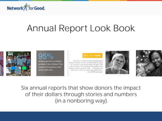 Annual Report Look Book
Six annual reports that show donors the impact
of their dollars through stories and numbers
(in a nonboring way).
 
