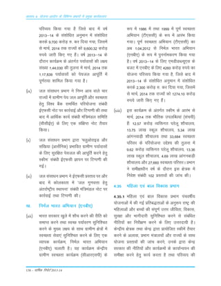 138 – okf"kZd fjiksVZ 2013-14
vè;k; 4% ;kstuk vk;ksx ds fofHkUu izHkkxksa esa izeq[k dk;Zdyki
ifjO;; fd;k x;k gS ftls ckn esa o"kZ
2013&14 ds la'kksf/kr vuqeku esa la'kksf/kr
djds 9]700 djksM+ #- dj fn;k x;k] ftlesa
ls ekpZ] 2014 rd jkT;ksa dks 9]600-32 djksM+
#i;s tkjh fd, x, gSaA o"kZ 2013&14 ds
nkSjku dk;ZØe ds varxZr i;kZoklksa dh y{;
la[;k 1]44]030 dh rqyuk esa ekpZ] 2014 rd
1]17]839 i;kZoklksa dks is;ty vkiwfrZ esa
iw.kZr;k 'kkfey fd;k x;k gSA
¼ix½ ty lalk/ku çHkkx us fuEu vk; okys pkj
jkT;ksa esa xzkeh.k is; ty vkiwfrZ vkSj LoPNrk
gsrq fo'o cSad lefFkZr ifj;kstuk laca/kh
bZ,Qlh uksV ij dkjZokbZ vkSj fVIi.kh dh rFkk
ckn esa vkfFkZd dk;Z laca/kh eaf=eaMy lfefr
¼lhlhbZ,½ ds fy, ,d laf{kIr uksV rS;kj
fd;kA
¼x½ ty lalk/ku çHkkx }kjk ^¶yqvksjkbM vkSj
laf[k;k ¼vklsZfud½ çHkkfor xzkeh.k i;kZoklksa
ds fy, lqjf{kr is;ty dh vkiwfrZ djus gsrq
Ldhe* laca/kh bZ,Qlh Kkiu ij fVIi.kh dh
xbZA
¼xi½ ty lalk/ku çHkkx us bZ,Qlh çLrko ij vkSj
ckn esa dksydkrk esa ^ty xq.koÙkk gsrq
varjkZ"Vªh; LFkkiuk* laca/kh eaf=eaMy uksV ij
dkjZokbZ rFkk fVIi.kh dhA
[k- fueZy Hkkjr vfHk;ku ¼,uch,½
¼xii½ Hkkjr ljdkj [kqys esa 'kkSp djus dh jhfr dks
lekIr djus rFkk LoPN i;kZoj.k lqfuf'pr
djus ds eq[; y{; ds lkFk xzkeh.k {ks=ksa esa
LoPNrk lsok,a lqfuf'pr djus ds fy, ,d
O;kid dk;ZØe] fueZy Hkkjr vfHk;ku
¼,uch,½ pykrh gSA ;g dk;ZØe dsUæh;
xzkeh.k LoPNrk dk;ZØe ¼lhvkj,lih½ ds
:i esa 1986 esa rFkk 1999 esa iw.kZ LoPNrk
vfHk;ku ¼Vh,llh½ ds :i esa vkjaHk fd;k
x;kA iw.kZ LoPNrk vfHk;ku ¼Vh,llh½ dk
vc 1-04-2012 ls fueZy Hkkjr vfHk;ku
¼,uch,½ ds :i esa iquukZedj.k fd;k x;k
gSA o"kZ 2013&14 ds fy, ,eMhMCY;w,l ds
ctV esa ,uch, ds fy, 4260 djksM+ #i;s dk
;kstuk ifjO;; fd;k x;k gS] ftls ckn esa
2013&14 ds la'kksf/kr vuqeku esa la'kksf/kr
djds 2]300 djksM+ #- dj fn;k x;k] ftlesa
ls ekpZ] 2014 rd jkT;ksa dks 1274-10 djksM+
#i;s tkjh fd, x, gSaA
¼xiii½ bl dk;ZØe ds varxZr Ldhe ds vkjaHk ls
ekpZ] 2014 rd HkkSfrd miyfC/k;ka ¼lap;h½
gSa% 12-57 djksM+ O;fäxr ?kjsyw 'kkSpky;]
13-75 yk[k Ldwy 'kkSpky;] 5-34 yk[k
vkaxuokM+h 'kkSpky; rFkk 33]684 LoPNrk
ifjlj ds ifj;kstuk mís'; dh rqyuk esa
9-62 djksM+ O;fäxr ?kjsyw 'kkSpky;] 13-36
yk[k Ldwy 'kkSpky;] 4-69 yk[k vkaxuckM+h
'kkSpky; vkSj 27]660 LoPNrk ifjljA çHkkx
us leh{kk/khu o"kZ ds nkSjku bl {ks=d esa
fuos'k laca/kh 102 çLrkoksa dh tkap dhA
4-35 efgyk ,oa cky fodkl çHkkx
4-35-1 efgyk ,oa cky fodkl çHkkx iapo"khZ;
;kstukvksa esa dh xbZ çfrc)rkvksa ds vuq:i jk"Vª dh
efgykvksa vkSj cPpksa dh laiw.kZ mÙkj thfork] fodkl]
lqj{kk vkSj Hkkxhnkjh lqfuf'pr djus ls lacaf/kr
uhfr;ksa dk fujh{k.k djus ds fy, mÙkjnk;h gSA
dsUæh; {ks=d rFkk dsUæ }kjk çk;ksftr Ldhesa rS;kj
djus ds vykok] çHkkx ea=ky;ksa vkSj jkT;ksa ds lkFk
;kstuk çLrkoksa dh tkap djus] muds }kjk dsUæ
ljdkj dh uhfr;ksa vkSj dk;ZØeksa ds dk;kZUo;u dh
leh{kk djus gsrq dk;Z djrk gS rFkk ifjO;; dh
 