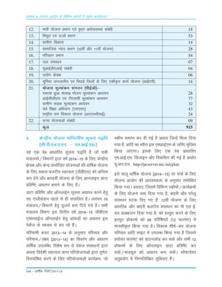 164 – okf"kZd fjiksVZ 2013-14
vè;k; 4% ;kstuk vk;ksx ds fofHkUu izHkkxksa esa izeq[k dk;Zdyki
12. Òkoh ;¨tuk ÁÒkx ,oa o`ºr vFkZO;oLFkk Lkaca/kh 18
13. fo|qr ,oa ÅtkZ ÁÒkx 53
14. xzkeh.k fodkLk 14
15. Lkkekftd U;k; ÁÒkx ¼10oÈ v©j 11oÈ ;¨tuk½ 28
16. ifjogu ÁÒkx 54
17. ty LkaLkk/ku 07
18. ;wvkbZMh,vkbZ Lkaca/kh 04
19. m|¨x {ks=d 06
20. pqÇunk tutkrh; ,oa fiNM+s fty¨a ds fy, ,dhÑr dk;Z ;¨tuk ¼vkbZ,ih½ 14
21. ;¨tuk ewY;kadu LkaxBu ¼ihbZv¨½&
idk;k gqvk e/;kà Ò¨tu ewY;kadu v/;;u 28
vkbZLkhMh,Lk ,oa Vh,LkLkh ewY;kadu v/;;u 77
xzkeh.k LkM+d ewY;kadu v/;;u 32
LkoZ f'k{kk vfÒ;ku ¼,Lk,Lk,½ 43
jk"Vªh; Lke fodkLk ;¨tuk ¼vkj,LkohokbZ½ 24
22. jkT; ;¨tukvksa Lkaca/kh 09
dqy 915
3- dsUæh; ;kstuk ekfuVfjax lwpuk i)fr
¼lh-ih-,y-,-,u- & ,e-vkbZ-,l-½
;g ,d osc vk/kkfjr lwpuk i)fr gS tks lHkh
ea=ky;ksa@foHkkxksa }kjk o"kZ 2014&15 ds fy, dsUæh;
{ks=d vkSj dsUæ çk;ksftr ;kstukvksa dh okf"kZd ;kstuk
ds fy, ldy ctVh; lgk;rk ¼thch,l½ dks vfUre
:i nsus vkSj ckjgoha ;kstuk ds fy, vkuykbu MkVk
çfof"V v|ru cukus ds fy, gSA
MkVk çfof"V vkSj v‚uykbZu lwpuk v|ru djus gsrq
;g ,Iyhds'ku igys ls gh lapkfyr gSA yxHkx 74
ea=ky;@foHkkxksa gsrq ;wtlZ cuk fn;s x;s gSA lHkh
ea=ky; foHkkx bl foÙkh; o"kZ 2014&15 thch,l
,DllkbZt v‚uykbZu gsrq vkadM+ksa dk v|ru bl
isdSt ds ek/;e ls dj jgs gSaA
ifj.kkeh ctV 2013&14 ds vuqlkj ifjO;; vkSj
ifj.kke@y{; ¼2013&14½ dk fooj.k vkSj v|ru
okf"kZd miyfC/k] fo'ks"k :i ls ns'kt lalk/kuksa }kjk
vFkok fons'kh lgk;rk çkIr ifj;kstukvksa }kjk iw.kZr%
foÙkiksf"kr djus ds fy, ifj;kstukvksa dk;ZØe] tks
Ldhe lekIr dj nh xbZ gS vFkok ftUgsa feyk fn;k
x;k gS] vkfn dk C;kSjk bl ,evkbZ,l ds tfj, l`ftr
fd;k tk,xkA blds fy, ,d osc vk/kkfjr
,e-vkbZ-,l- fMtkbu vkSj fodflr dh xbZ gS vFkkZr
;w-vkj-,y- http://pcserver.nic.in/cplan
bls pkyw okf"kZd ;kstuk ¼2014&15½ ij ppkZ ds fy,
;kstuk vk;ksx dh vko';drk ds vuqlkj la'kksf/kr
fd;k x;kA çLrko] ftlesa fofHkUu Ldheksa@dk;ZØeksa
ds fy, ;kstuk O;; fn;k x;k gS] ckgjh vkSj ?kjsyw
lalk/ku ?kVd fn, x, gSa] 12oha ;kstuk ds fy,
vkarfjd vkSj ckgjh ctVh; lalk/ku dk ih ,l bZ-
okj çkDdyu fn;k x;k gS] dks çLrqr djus ds fy,
buiqV çksQkekZ dks 08 ifjf'k"Vksa ¼12 QkjesV½ esa
ekudhÑr fd;k x;k gSA fodkl 'kh"kZ&okj ;kstuk
ifjO;; vkfn lkbV esa miyC/k fd;k x;k gS ftlls
ç;ksäk QkjesV dks MkmuyksM dj ldsa vkSj lHkh 12
çksQkekZ ds fy, v‚uykbu MkVk çfof"V dj
ldsa@ekM~;wy dks v|ru cuk ldsaA l‚¶Vos;j
vuqç;ksx esa fuEufyf[kr lqfo/kk,a gSaA
 