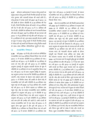 okf"kZd fjiksVZ 2013-14 – 17
2-27 vkSlru vFkZO;oLFkk esa ldy ?kjsyw cprksa dk
çeq[k lk/ku ?kjsyw cprsa futh fuxfer {ks=dksa dks jksdk
x;k equkQk vkSj ljdkjh {ks=d dh cprsa gksrh gSaA
?kjsyw {ks=d esa lexz cprsa o"kZ 2007&08 ls 2012&13
dh vof/k ds nkSjku thMhih ds 21-25 çfr'kr dh jsat
esa jghA futh fuxfer {ks=d dh cprsa 7 ls 9-5 çfr'kr
dh jsat esa jgh vkSj o"kZ 2012&13 esa 7-1 çfr'kr dh
jsat esa jghA thMhih ds çfr'kr ds :i esa ljdkjh {ks=d
dh cpr o"kZ 2007&08 esa 5 çfr'kr Fkh og ?kVdj o"kZ
2010&11 esa 2-6 çfr'kr gks xbZ vkSj vkxs o"kZ 2012&13
esa 1-2 çfr'kr gks xbZA bl çdkj ckjgoha ;kstuk vofèk
ds 'kq: esa ldy ?kjsyw cprksa esa futh fuxfer {ks=d
esa T;knk dh xbZ cprksa dks feykdj ?kjsyw foÙkh; cprksa
ds lkFk&lkFk HkkSfrd ifjlaifÙk;ka nqxquh gks xbZA
t- jktdks"kh; fu"iknu
2-28 o"kZ 2009&10 esa dsaæ vkSj jkT;ksa dk lfEehfyr
jktdks"kh; ?kkVk 9-4 çfr'kr fjdkMZ fd;k x;k tks o"kZ
2010&11 esa ?kVdj thMhih dk 6-9 çfr'kr gks x;kA
rFkkfi og o"kZ 2011&12 esa thMhih ds 7-6 çfr'kr ls
Åij gks x;k vkSj bls o"kZ 2012&13 ds la'kksf/kr
vuqeku ¼vkjbZ½ ds vuqlkj ckjgoha ;kstuk ds 'kq: esa
thMhih ds 7-5 çfr'kr ds :i esa vuqekfur fd;k x;k
FkkA o"kZ 2013&14 ds ctV vuqeku ¼chbZ½ ds vuqlkj]
;g vuqeku yxk;k x;k Fkk fd thMhih 6-9 çfr'kr gks
tk,xhA dsaæ ljdkj ds csgrj O;; çca/ku }kjk o"kZ
2010&11 esa foÙkh; ladV dh vofèk ds nkSjku dsaæ esa
jktdks"kh; ?kkVs dh deh thMhih ds 4-8 çfr'kr rd
igqap ikbZ tks o"kZ 2009&10 esa 6-5 çfr'kr FkhA rFkkfi
;g o"kZ 2011&12 ds nkSjku c<+dj 5-7 çfr'kr rd
igqap xbZA dsaæ dk ldy jktdks"kh; ?kkVk la'kksf/kr
vuqekuksa ds vuqlkj o"kZ 2012&13 esa thMhih ds 5-2
çfr'kr ij fjdkMZ fd;k x;k vkSj ctV vuqeku ds
vuqlkj o"kZ 2013&14 esa bls thMhih ds 4-8 çfr'kr
rd de gksus dh mEehn dh tkrh gSA lHkh jkT;ksa ds
ldy jktdks"kh; ?kkVs esa ,d lkFk o"kZ 2010&11 esa
lqèkkj gksuk 'kq: gqvk gS vkSj bls o"kZ 2010&11 esa
thMhih ds 2-1 çfr'kr ij fjdkMZ fd;k x;k tks vkxs
o"kZ 2011&12 esa ?kVdj thMhih ds 1-9 çfr'kr rd
igqap x;kA o"kZ 2012&13 ¼vkjbZ½ esa jkT;ksa ds ldy
jktdks"kh; ?kkVs dks 2-3 çfr'kr ij fjdkMZ fd;k x;k
vkSj o"kZ 2013&14 ¼ch-bZ-½ esa thMhih ds 2-2 çfr'kr
fjdkMZ fd;k x;kA
2-29 dsaæ ds jktdks"kh; ?kkVs dh fLFkfr [kjkc gksdj
o"kZ 2008&09 esa thMhih ds 4-5 çfr'kr ls c<+dj o"kZ
2009&10 ds thMhih dk 5-2 çfr'kr gks x;kA
jktdks"kh; lesdu ç;klksa ls jktLo ?kkVs esa lq/kkj
gksdj 2010&11 esa thMhih dk 3-2 çfr'kr gks x;kA
rFkkfi ;g o"kZ 2011&12 esa ?kVdj thMhih ds 4-4
çfr'kr rd igqap xbZ vkSj blds ckjgoha ;kstuk
¼2012&13½ ¼vkj-bZ-½ ds 'kq: esa thMhih ds 3-9 çfr'kr
ds Lrj ij cus jgus dh laHkkouk gSA o"kZ 2013&14 ds
ctV vuqeku ds vuqlkj dsaæ ds jktLo ?kkVs dh mEehn
thMhih ds 3-3 çfr'kr rd gksus dh gSA jkT;ksa dk
jktLo ?kkVk tks X;kjgoha ;kstuk vof/k ds nkSjku
ekewyh jgk ftldh otg vf/kd dj laxzg vkSj
xSj&;kstuk jktLo O;; esa dVkSrh Fkh ftlls o"kZ
2009&10 esa jktLo ?kkVs esa ekewyh o`f) gqbZ tks thMhih
dk 0-5 çfr'kr Fkk vkSj o"kZ 2010&11 esa ;g çk;% 'kwU;
FkkA o"kZ 2011&12 vkSj 2012&13 ¼vkjbZ½ ds vuqlkj
lHkh jkT;ksa dk feyk&tqyk jktLo ?kkVs dk vuqeku
Øe'k% thMhih ds ¼&½ 0-3 çfr'kr vkSj ¼&½ 0-2 çfr'kr
gksus dk yxk;k x;k Fkk vkSj blds vkxs o"kZ 2013&14
¼chbZ½ esa thMhih ds ¼&½ 0-4 çfr'kr gksus dh mEehn dh
xbZ FkhA dsaæ vkSj jkT;ksa ds feys&tqys jktLo ?kkVs dh
fLFkfr [kjkc gks xbZ tks 2008&09 esa thMhih ds 4-3
çfr'kr ls [kjkc gksdj 2009&10 esa thMhih dk 5-7
çfr'kr gks x;kA fdarq tSls&tSls vFkZO;oLFkk esa lq/kkj
gksuk 'kq: gks x;k] jktLo ?kkVs esa lq/kkj ds ladsr fn[kus
yxs vkSj ;g 2010&11 esa de gksdj thMhih dk 3-2
çfr'kr gks x;kA vkxs o"kZ 2011&12 esa ;g thMhih ds
4-1 çfr'kr rd igqap x;kA 12oha ;kstuk ds 'kq: gks
tkus ij o"kZ 2012&13 ¼vkjbZ½ esa thMhih ds 3-7 çfr'kr
ij lkekU; cus jgus dk vuqeku gS vkSj o"kZ 2013&14
¼chbZ½ esa thMhih ds 2-9 çfr'kr ij cus jgus dk vuqeku
gSA rkfydk 2-9 esa jkT;ksa] dsaæ dk jktdks"kh; fu"iknu
vkSj foxr dqN o"kksaZ ds laca/k esa dsaæ vkSj jkT;ksa dk
feyk&tqyk jktdks"kh; fu"iknu n'kkZ;k x;k gSA
vè;k; 2% vFkZO;oLFkk vkSj ;kstuk&,d flagkoyksdu
 