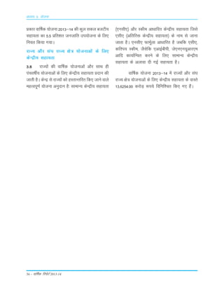 34 – okf"kZd fjiksVZ 2013-14
çdkj okf"kZd ;kstuk 2013&14 dh dqy ldy ctVh;
lgk;rk dk 5-5 çfr'kr tutkfr mi;kstuk ds fy,
fu;r fd;k x;kA
jkT; vkSj la?k jkT; {ks= ;kstukvksa ds fy,
dsUæh; lgk;rk
3-8 jkT;ksa dh okf"kZd ;kstukvksa vkSj lkFk gh
iapo"khZ; ;kstukvksa ds fy, dsUæh; lgk;rk çnku dh
tkrh gSA dsUæ ls jkT;ksa dks gLrkUrfjr fd, tkus okys
egRoiw.kZ ;kstuk vuqnku gS% lkekU; dsUæh; lgk;rk
¼,ulh,½ vkSj Ldhe vk/kkfjr dsUæh; lgk;rk ftls
,lh, ¼vfrfjä dsUæh; lgk;rk½ ds uke ls tkuk
tkrk gSA ,ulh, QkewZyk vk/kkfjr gS tcfd ,lh,]
dfri; Ldhe] tSlsfd ,vkbZchih] ts,u,u;wvkj,e
vkfn dk;kZfUor djus ds fy, lkekU; dsUæh;
lgk;rk ds vykok nh xbZ lgk;rk gSA
okf"kZd ;kstuk 2013&14 esa jkT;ksa vkSj la?k
jkT; {ks= ;kstukvksa ds fy, dsUæh; lgk;rk ds okLrs
13]6254-00 djksM+ :i;s fofuf'pr fd, x, gSaA
vè;k; 3% ;kstuk
 