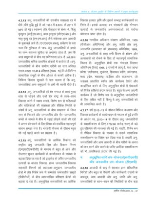 okf"kZd fjiksVZ 2013-14 – 45
vè;k; 4% ;kstuk vk;ksx ds fofHkUu izHkkxksa esa izeq[k dk;Zdyki
4-2-13 vuq- tutkfr;ksa dh n'kdh; lk{kjrk nj esa
/khjs&/khjs o`f) gqbZ gS tks 1961 esa 8-53% ls 2011 esa
59% gks xbZA LokLF; vkSj iks"kkgkj ds laca/k esa] f'k'kq
e`R;qnj ¼vkbZ-,e-vkj-½] cky e`R;qnj ¼lh-,e-vkj-½ vkSj
ekr` e`R;q nj ¼,e-,e-vkj-½ tSls ladsrd vke vkcknh
ds eqdkcys Åaps gSaA ,u-,p-,Q-MCY;w- losZ{k.k ls irk
pyk fd eqf'dy ls 18% vuq- tutkfr;ksa ds cPpks
adk tUe LokLF; lqfo/kk ds vUrxZr gksrk gS] tc fd
vU; leqnk;ksa ds chp ;g çfr'krrk 51% gSA 81-56%
tutkrh; Jfed çkFkfed {ks=dksa esa dk;Zjr gSaA vuq-
tutkfr;ksa ds chp xzkeh.k xjhch dk Lrj vf[ky
Hkkjr vk/kkj ij 47-4 çfr'kr ¼2009&10½ gS tks fofHkUu
lkekftd lewgksa ds chp vkSlr ls dkQh vfèkd gSA
fofHkUu fodkl lwpdksa ls irk pyrk gS fd vuq-
tutkfr;ka vU; leqnk;ksa ls vHkh Hkh dkQh ihNs gSaA
4-2-14 vuq- tutkfr;ksa dks 'ks"k lekt ds lkFk eq[;
/kkjk ls tksM+us vkSj mUgsa 'ks"k jk"Vª ds lkFk&lkFk
fodkl djus esa l{ke cukus] fo'ks"k :i ls efgykvksa
vkSj ckfydkvksa dh lk{kjrk vkSj 'kSf{kd fLFkfr ds
lanHkZ esa vuq- tutkfr;ksa ds chp lk{kjrk ds fuEu
Lrj ls fuiVus vkSj tutkrh; vkSj xSj&tutkrh;
cPpksa ds ekeys esa chp esa i<+kbZ NksM+us okyksa dh njksa
esa vUrj dks ikVus ds fy, f'k{kk dks lokZf/kd egRoiw.kZ
lk/ku le>k x;k gSA ckjgoha ;kstuk ds nkSjku cgqr
lh ubZ igysa djus dk çLrko gSA
4-2-15 vuq- tutkfr;ksa ds vkfFkZd fodkl dks
jk"Vªh; vuq- tutkfr foÙk vkSj fodkl fuxe
¼,u,lVh,QMhlh½ ds ek/;e ls cgqr ls vk; vkSj
jkstxkj l`tu dk;ZØeksa ds dk;kZUo;u ds ek/;e ls
c<+kok fn;k tk jgk gS tks VªkbQsM ds tfj, tutkrh;
mRiknksa ds cktkj fodkl] jkT; tutkrh; fodkl
lgdkjh fuxeksa dks lgk;rk&vuqnku] tutkrh;
{ks=ksa esa vkSj fo'ks"k :i ls detksj tutkrh; lewgksa
¼ihohVhth½ ds chp O;kolkf;d çf'k{k.k dsUæksa dks
c<+kok ns jgk gSA vuqlwfpr tutkfr;ksa dk vkfFkZd
fodkl eq[;r% Ñf"k vkSj blls lEc) dk;Zdykiksa ij
fuHkZj gSA blds vykok] ou lalk/kuksa vkSj xkS.kou
mRiknksa ls tutkrh; vFkZO;oLFkkvksa dks i;kZIr
;ksxnku çkIr gksrk gSA
4-2-16 ukxfjd vf/kdkj laj{k.k vf/kfu;e] 1955
¼ihlhvkj vf/kfu;e½ vkSj vuq- tkfr vkSj vuq-
tutkfr ¼vR;kpkj dh jksdFkke½ vf/kfu;e] 1989]
vuq- tutkfr;ksa ds lkFk lHkh fdLe ds 'kks"k.k vkSj
vR;kpkjksa dks jksdus ds fy, nks egRoiw.kZ lkekftd
foèkku gSaA vuqlwfpr {ks=ksa rd iapk;r foLrkj
vfèkfu;e ¼islk½ 1996] 9 jkT;ksa esa ykxw gS] ;Fkk vkUèkz
çns'k] NÙkhlx<+] xqtjkr] fgekpy çns'k] >kj[k.M]
e/; çns'k] egkjk"Vª] mM+hlk vkSj jktLFkku] tks
t:jr vk/kkfjr Ldhe vkSj dk;ZØe rS;kj vkSj
dk;kZfUor djus ds fy, vuqlwfpr {ks=ksa esa iapk;rksa
dks fo'ks"k 'kfä;ka çnku djrk gSA cgqr ls vU; vxz.kh
dk;ZØe gSa tks fo'ks"k :i ls vuqlwfpr tutkfr;ksa
ds fy, yf{kr ugha gSa fdUrq os vuq- tutkfr;ksa dks
Hkh ykHkkfUor djrs gSaA
4-2-17 o"kZ 2012&13 ds nkSjku fofHkUu dY;k.k vkSj
fodkl dk;ZØeksa ds dk;kZUo;u ds ek/;e ls gqbZ çxfr
ds vk/kkj ij] 2013&14 ds nkSjku vuq- tutkfr;ksa
ds l'kähdj.k ds fy, 1762-00 djksM+ :i, ds c<+s
gq, ifjO;; dh O;oLFkk dh xbZ gSA ;|fi] fo'ks"k :i
ls 'kSf{kd fodkl ds ek/;e ls muds lkekftd
l'kähdj.k ij fo'ks"k cy fn;k x;k gS] rFkkfi vuq-
tutkfr;ksa vkSj vke vkcknh ds chp xjhch ds vUrj
dks de djus vkSj ikVus ds tfj, vkfFkZd l'kähdj.k
dks Hkh çkFkfedrk çnku dh xbZ gSA
x- vuqlwfpr tkfr mi&;kstuk ¼,llh,lih½
vkSj tutkrh; mi&;kstuk ¼Vh,lih½
4-2-18 vktknh ds ckn ls ljdkj }kjk laoS/kkfud
funs'kksa vkSj cgqr ls fo/kk;h vkSj dk;Zdkjh mik;ksa ds
ckotwn] vke vkcknh vkSj vuq- tkfr vkSj vuq-
tutkfr;ksa ds jgu&lgu dh fLFkfr;ksa ds chp cM+k
 