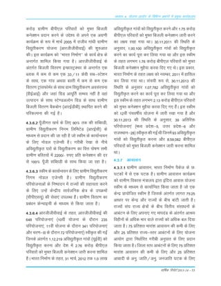 okf"kZd fjiksVZ 2013-14 – 53
vè;k; 4% ;kstuk vk;ksx ds fofHkUu izHkkxksa esa izeq[k dk;Zdyki
djksM+ xzkeh.k chih,y ifjokjksa dks eq¶r fctyh
dusD'ku çnku djus ds mís'; ls vius ,d vxz.kh
dk;ZØe ds :i esa ekpZ 2005 esa jktho xka/kh xzkeh.k
fo|qrhdj.k ;kstuk ¼vkjththohokbZ½ dh 'kq#vkr
dhA bl dk;ZØe dks ^^Hkkjr fuekZ.k** ds dk;Z {ks= ds
vUrxZr 'kkfey fd;k x;k gSA vkjththohokbZ ds
varxZr fctyh forj.k bUÝkLVªDpj ds vUrxZr ,d
Cykd esa de ls de ,d 33@11 dsoh lc&LVs'ku
ds lkFk] ,d xkao vFkok cLrh esa de ls de ,d
forj.k VªkalQkseZj ds lkFk xzke fo|qrhdj.k volajpuk
¼ohbZvkbZ½ vkSj tgka fxzM vkiwfrZ lEHko ugha gS ogka
mRiknu ds lkFk LVs.Mvyksu fxzM ds lkFk xzkeh.k
fctyh forj.k cSdcksu ¼vkjbZMhch½ LFkkfir djus dh
ifjdYiuk dh xbZ gSA
4-3-6-2 iw¡thxr [kpZ ds fy, 90% rd dh lfClMh]
xzkeh.k fo|qrhdj.k fuxe fyfeVsM ¼vkjbZlh½ ds
ekè;e ls çnku dh tk jgh gS tks Ldhe ds dk;kZUo;u
ds fy, uksMy ,tsUlh gSA xjhch js[kk ls uhps
vfo|qrhÑr ?kjksa ds fo|qrhdj.k dk foÙk iks"k.k lHkh
xzkeh.k cfLr;ksa esa 2200/- #i, çfr dusD'ku dh nj
ls 100% iw¡th lfClMh ds lkFk fd;k tk jgk gSA
4-3-6-3 Ldhe ds dk;kZUo;u ds fy, xzkeh.k fo|qrhdj.k
fuxe uksMy ,tsUlh gSA xzkeh.k fo|qrhdj.k
ifj;kstukvksa ds fu"iknu esa jkT;ksa dh lgk;rk djus
ds fy, mUgsa dsUæh; lkoZtfud {ks= ds miØeksa
¼lhih,l;w½ dh lsok,a miyC/k gSaA xzkeh.k forj.k dk
çca/ku ÝsUpkbph ds ek/;e ls fd;k tkrk gSA
4-3-6-4 vkjththohokbZ ds rgr] vkjththohokbZ dh
648 ifj;kstuk,a ¼10oha ;kstuk ds nkSjku 235
ifj;kstuk,a] 11oha ;kstuk ds nkSjku 341 ifj;kstuk,a
vkSj pj.k&II ds nkSjku 72 ifj;kstuk,a½ LohÑr dh xbZa
ftuds varxZr 1]12]219 vfo|qrhÑr xkaoksa ¼;wbZoh½ dks
fo|qrhÑr djuk vkSj ns'k esa 2-76 djksM+ chih,y
ifjokjksa dks eq¶r fctyh dusD'ku tkjh djuk 'kkfey
gSA Hkkjr fuekZ.k ds rgr] 31 ekpZ] 2012 rd 1-0 yk[k
vfo|qrhÑr xkaoksa dks fo|qrhÑr djus vkSj 1-75 djksM+
chih,y ifjokjksa dks eq¶r fctyh dusD'ku tkjh djus
dk y{; j[kk x;k FkkA 30-11-2011 dh fLFkfr ds
vuqlkj] 1]00]100 vfo|qrhÑr xkaoksa dks fo|qrhÑr
djus dk dk;Z iwjk dj fy;k x;k Fkk vkSj bl Ldhe
ds rgr yxHkx 1-76 djksM+ chih,y ifjokjksa dks eq¶r
fctyh dusD'ku eqgS;k djok fn, x, FksA bl çdkj]
Hkkjr fuekZ.k ds rgr y{; dks uoEcj] 2011 esa gkfly
dj fy;k x;k FkkA lap;h :i ls] 30-11-2013 dh
fLFkfr ds vuqlkj 1]07]782 vfo|qrhÑr xkaoksa dks
fo|qrhÑr djus dk dk;Z iwjk dj fy;k x;k Fkk vkSj
bl Ldhe ds rgr yxHkx 2-13 djksM+ chih,y ifjokjksa
dks eq¶r dusD'ku eqgS;k djok fn, x, gSaA bl Ldhe
dks 12oha iapo"khZ; ;kstuk esa tkjh j[kk x;k gS vkSj
30-11-2013 dh fLFkfr ds vuqlkj] 39 vfrfjä
ifj;kstuk,a ¼e/; çns'k&5] mÙkj çns'k&6 vkSj
jktLFkku&28½LohÑrdhxbZaFkhftuesa93vfo|qrhÑr
xkaoksa dks fo|qrhÑr djuk vkSj 8]59]082 chih,y
ifjokjksa dks eq¶r fctyh dusD'ku tkjh djuk 'kkfey
FkkA
4-3-7 vkoklu
4-3-7-1 xzkeh.k vkoklu] Hkkjr fuekZ.k iSdst ds N%
?kVdksa esa ls ,d ?kVd gSA xzkeh.k vkoklu dk;ZØe
dks xzkeh.k fodkl ea=ky; }kjk bafnjk vkokl ;kstuk
Ldhe ds ek/;e ls dk;kZfUor fd;k tkrk gS tks ,d
dsUæ çk;ksftr Ldhe gS ftlds varxZr ykxr 75%25
vk/kkj ij dsUæ vkSj jkT;ksa ds chp ckaVh tkrh gSA
jkT;ksa la?k jkT; {ks=ksa ds chp foÙkh; lalk/kuksa ds
vkcaVu ds fy, viuk, x, ekinaM ds varxZr vkJ;
foghuksa ds vf/kd Hkkj okys jkT;ksa dks vf/kd cy fn;k
tkrk gSA 75 çfr'kr Hkkjka'k vkoklu dh deh ds fy,
vkSj 25 çfr'kr jkT;&Lrj vkcaVuksa ds fy, ;kstuk
vk;ksx }kjk fu/kkZfjr xjhch vuqikr ds fy, çnku
fd;k tkrk gSA ftyk Lrj vkcaVuksa ds fy, 75 çfr'kr
Hkkjka'k vkoklu dh deh ds fy, vkSj 25 çfr'kr
vkcknh ds vuq- tkfr@vuq- tutkfr ?kVd ds fy,
 