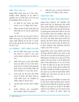72 – okf"kZd fjiksVZ 2013-14
vè;k; 4% ;kstuk vk;ksx ds fofHkUu izHkkxksa esa izeq[k dk;Zdyki
okf"kZd ;kstuk 2014&15
4-10-3 okÆ"kd ;¨tuk 2014&15 ds fy,] dsUæ&
Ák;¨ftr Ldhe¨a ¼Lkh,Lk,Lk½ d¨ 66 Ldhe¨a esa
iquLkaZjfpr djus dk fu.kZ; fy;k x;k gS v©j LkkFk
gh fuEufyf[kr fu.kZ; Òh fy, x, gSa%
i. bu Ldhe¨a d¨ jkT; ;¨tuk gsrq dsUæh;
Lkgk;rk ds :i esa oxÊÑr fd;k tk,xk(
ii. fuf/k;ka ea=ky;¨a d¨ LkkSaih tk,axh rkfd mUgsa
Lkafpr fuf/k ekxZ Lks jkT;¨a d¨ varfjr fd;k
tk LkdsA
4-10-4 lHkh jkT;ksa vkSj la?k jkT; {ks=ksa ds laca/k esa
okf"kZd ;kstuk 2014&15 ds fy, foÙkh; lalk/kuksa ds
vuqeku laca/kh vf/kdkjh Lrj dh ppkZ 10 tuojh]
2014 dks 'kq: gqbZ Fkh vkSj mUgsa Qjojh] 2014 esa iwjk
dj fy;k x;kA
vU; xfrfof/k;ka & fjiksVs±] leh{kk uksV~l vkfn
dsUæ dh okf"kZd ;kstuk 2014&15 ds fy,
foÙk ea=ky; ds ijke'kZ ds lkFk ldy
ctVh; lgk;rk ¼th-ch-,l-½ dks vafre :i
nsukA
okf"kZd ;kstuk 2013&14 vkSj 12oha iapo"khZ;
;kstuk dks vafre :i nsus ds fy, ;kstuk
vk;ksx vkSj jkT; ljdkjksa ds chp J`a[kykc)
cSBdksa ds fy, jkT;ksa dh foÙkh; fLFkfr vkSj
;kstuk foÙkiks"k.k ij uksVl rS;kj djukA
jkT;ksa@;w-Vh- ¼t½ dh ;kstuk vkSj dsUæh;
;kstuk ds foÙk;u vkSj fodkl 'kh"kZ&okj
mudh okf"kZd ;kstuk dh miyfC/k;ksa ij
vkfFkZd losZ{k.k esa ;ksxnku fn;kA
14osa foÙk vk;ksx ds Vh-vks- vklZ ls lacaf/kr
eqísA
dsUæh; eaf=eaMy }kjk ;Fkkuqeksfnr
dsUæ&çk;ksftr Ldheksa dh iqulaZjpukA
la?kh; ctV 2013&14 dh ctV ?kks"k.kkvksa ds
dk;kZUo;u dh leh{kk ds fy, leUo;A
dsUæh; {ks=d Ldhe
lkoZtfud foÙk çca/ku ç.kkyh ¼ih,Q,e,l½
4-10-5 ;kstuk ys[kkdj.k vkSj lkoZtfud foÙk
çcaèku ç.kkyh ¼ih, ,aM ih,Q,e,l½ ftls dsUæh;
;kstuk Ldhe vuqoh{k.k ç.kkyh ¼lhih,l,e,l½ ds
uke ls Hkh tkuk tkrk gS] foxr dqN o"kksaZ ls çpkyujr
gSA bldh 'kq:vkr dsUæh; {ks=d Ldhe ds :i esa dh
xbZ Fkh ftldk mís'; dsUæ&çk;ksftr Ldheksa vkSj
dsUæh; {ks=d Ldheksa ds O;; dk okLrfod le; ij
irk yxkuk rFkk lkFkZd çca/ku lwpuk ç.kkyh ¼,e-
vkbZ-,l-½ vkSj fu.kZ; lgk;rk ç.kkyh ¼Mh-,l-,l-½
dks tujsV djuk gSA ;kstuk vk;ksx dh Ldhe ds :i
esa bldk dk;kZUo;u ys[kk egkfu;a=d ¼lh-th-,-½
dk;kZy; }kjk fd;k tk jgk gSA
4-10-6 fofHkUu jkT;ksa esa dqN çk;ksfxd vkjaHk djus
vkSj foLr`r ifj;kstuk fjiksVZ ds ckn ljdkj us lHkh
jkT;ksa vkSj la?k jkT;&{ks=ksa ds fy, fnlEcj] 2013 esa
lhih,l,e,l dks jk"Vªh; Lrj ij 'kq: djus ds fy,
vuqeksnu fn;k vkSj ljdkj us bls lkoZtfud foÙk
çca/ku ç.kkyh ¼ih,Q,e,l½ dk u;k uke Hkh fn;k
gSA Ldhe dks jk"Vªh; Lrj ij 'kq: djus dh ;kstuk
dk mís';] jkT; vkSj dsUæh; [ktkuk ç.kkfy;ksa vkSj
dksj cSafdax ç.kkfy;ksa dh usVofdaZx dh iw.kZ {kerk dk
ykHk mBkuk FkkA bl Ldhe dks jk"Vªh; fodkl ifj"kn
¼,uMhlh½ }kjk 12oha ;kstuk dh igy ds :i esa
vuqeksfnr fd;k x;kA
4-10-7 bLk Á.kkyh esa fuEufyf[kr dk Áko/kku g¨xk
¼i½ LkÒh ;¨tuk Ldhe¨a gsrq foŸkh; Áca/ku IysVQkeZ(
¼ii½ LkÒh ÁkIrdrkZ vfÒdj.k¨a dk MsVkcsLk( ¼iii½ ;¨tuk
fuf/k;¨a dk j[k&j[kko dj jgs cSad¨a ds d¨j cSaÇdx
Lkek/kku ds LkkFk ,dhdj.k( ¼iv½ jkT; [ktkus ds LkkFk
,dhdj.k( ¼v½ Lkjdkj dh ;¨tuk Ldhe¨a gsrq
 