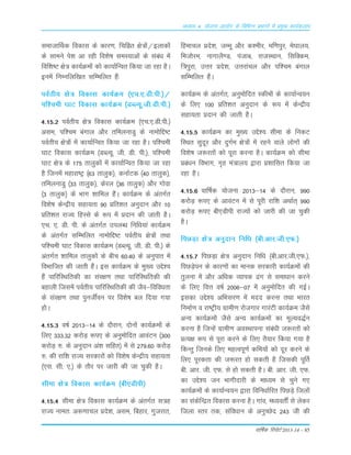 okf"kZd fjiksVZ 2013-14 – 85
vè;k; 4% ;kstuk vk;ksx ds fofHkUu izHkkxksa esa izeq[k dk;Zdyki
LkektkÆFkd fodkLk ds dkj.k] fpfàr {ks=¨a@bykd¨a
ds Lkkeus is'k vk jgh fo'ks"k LkeL;kvksa ds Lkaca/k esa
fof'k"V {ks= dk;ZØe¨a d¨ dk;kZfUor fd;k tk jgk gSA
buesa fuEufyf[kr LkfEefyr gSa%
ioZrh; {ks= fodkLk dk;ZØe ¼,p-,-Mh-ih-½@
if'peh ?kkV fodkLk dk;ZØe ¼MCY;w-th-Mh-ih-½
4-15-2 ioZrh; {ks= fodkLk dk;ZØe ¼,p-,-Mh-ih-½
vLke] if'pe caxky v©j rfeyukMq ds uke¨fÌ"V
ioZrh; {ks=¨a esa dk;kZfUor fd;k tk jgk gSA if'peh
?kkV fodkLk dk;ZØe ¼MCY;w- th- Mh- ih-½] if'peh
?kkV {ks= ds 175 rkyqd¨a esa dk;kZfUor fd;k tk jgk
gS ftuesa egkjk"Vª ¼63 rkyqd½] dukZVd ¼40 rkyqd½]
rfeyukMq ¼33 rkyqd½] dsjy ¼36 rkyqd½ v©j x¨ok
¼3 rkyqd½ ds Òkx 'kkfey gSaA dk;ZØe ds varxZr
fo'ks"k dsUæh; Lkgk;rk 90 Áfr'kr vuqnku v©j 10
Áfr'kr jkT; fgLLks ds :i esa Ánku dh tkrh gSA
,p- ,- Mh- ih- ds varxZr miyC/k fuf/k;ka dk;ZØe
ds varxZr LkfEefyr uke¨fÌ"V ioZrh; {ks=¨a rFkk
if'peh ?kkV fodkLk dk;ZØe ¼MCY;w- th- Mh- ih-½ ds
varxZr 'kkfey rkyqd¨a ds chp 60%40 ds vuqikr esa
foÒkftr dh tkrh gSaA bLk dk;ZØe ds eq[; mÌs';
gSa ikfjfLFkfrdh dk Lkaj{k.k rFkk ikfjfLFkfrdh dh
cgkyh ftLkesa ioZrh; ikfjfLFkfrdh dh tSo&fofoèkrk
ds Lkaj{k.k rFkk iqutÊou ij fo'ks"k cy fn;k x;k
g¨A
4-15-3 o"kZ 2013&14 ds n©jku] n¨u¨a dk;ZØe¨a ds
fy, 333-32 dj¨M+ :i, ds vuqe¨fnr vkoaVu ¼300
dj¨M+ #- ds vuqnku va'k Lkfgr½ esa Lks 279-60 dj¨M+
#- dh jkf'k jkT; Lkjdkj¨a d¨ fo'ks"k dsUæh; Lkgk;rk
¼,Lk- Lkh- ,-½ ds r©j ij tkjh dh tk pqdh gSA
Lkhek {ks= fodkLk dk;ZØe ¼ch,Mhih½
4-15-4 Lkhek {ks= fodkLk dk;ZØe ds varxZr Lk=g
jkT; uker% v:.kkpy Áns'k] vLke] fcgkj] xqtjkr]
fgekpy Áns'k] tEew v©j d'ehj] ef.kiqj] es?kky;]
fet¨je] ukxkyS.M] iatkc] jktLFkku] fLkfDde]
f=iqjk] mŸkj Áns'k] mÙkjkapy v©j if'pe caxky
LkfEefyr gSaA
dk;ZØe ds varxZr] vuqe¨fnr Ldhe¨a ds dk;kZUo;u
ds fy, 100 Áfr'kr vuqnku ds :i esa dsUæh;
Lkgk;rk Ánku dh tkrh gSA
4-15-5 dk;ZØe dk eq[; mÌs'; Lkhek ds fudV
fLFkr Lkqnwj v©j nqxZe {ks=¨a esa jgus okys y¨x¨a dh
fo'ks"k t:jr¨a d¨ iwjk djuk gSA dk;ZØe d¨ Lkhek
Áca/ku foÒkx] x`g ea=ky; }kjk Á'kkfLkr fd;k tk
jgk gSA
4-15-6 okÆ"kd ;¨tuk 2013&14 ds n©jku] 990
dj¨M+ :i, ds vkoaVu esa Lks iwjh jkf'k vFkkZr~ 990
dj¨M+ :i, ch,Mhih jkT;¨a d¨ tkjh dh tk pqdh
gSA
fiNM+k {ks= vuqnku fuf/k ¼ch-vkj-th-,Q-½
4-15-7 fiNM+k {ks= vuqnku fuf/k ¼ch-vkj-th-,Q-½]
fiNM+siu ds dkj.k¨a dk ekud Lkjdkjh dk;ZØe¨a dh
rqyuk esa v©j vf/kd O;kid <ax Lks Lkek/kku djus
ds fy, foŸk o"kZ 2006&07 esa vuqe¨fnr dh xbZA
bLkdk mÌs'; vfÒLkj.k esa enn djuk rFkk Òkjr
fuekZ.k o jk"Vªh; xzkeh.k j¨txkj xkjaVh dk;ZØe tSLks
vU; dk;ZØe¨a tSLks vU; dk;ZØe¨a dk ewY;o)Zu
djuk gS ftUgsa xzkeh.k voLFkkiuk Lkaca/kh t:jr¨a d¨
ÁR;{k :i Lks iwjk djus ds fy, rS;kj fd;k x;k gS
fdUrq ftuds fy, egRoiw.kZ dfe;¨a d¨ nwj djus ds
fy, iwjdrk dh t:jr g¨ Lkdrh gS ftLkdh iwÆr
ch- vkj- th- ,Q- Lks g¨ Lkdrh gSA ch- vkj- th- ,Q-
dk mÌs'; tu Òkxhnkjh ds ek/;e Lks pqus x,
dk;ZØe¨a ds dk;kZUo;u }kjk fofu/kkZfjr fiNM+s fty¨a
dk LkadsfUær fodkLk djuk gSA xkao] e/;orÊ Lks ysdj
ftyk Lrj rd] Lkafo/kku ds vuqPNsn 243 th dh
 