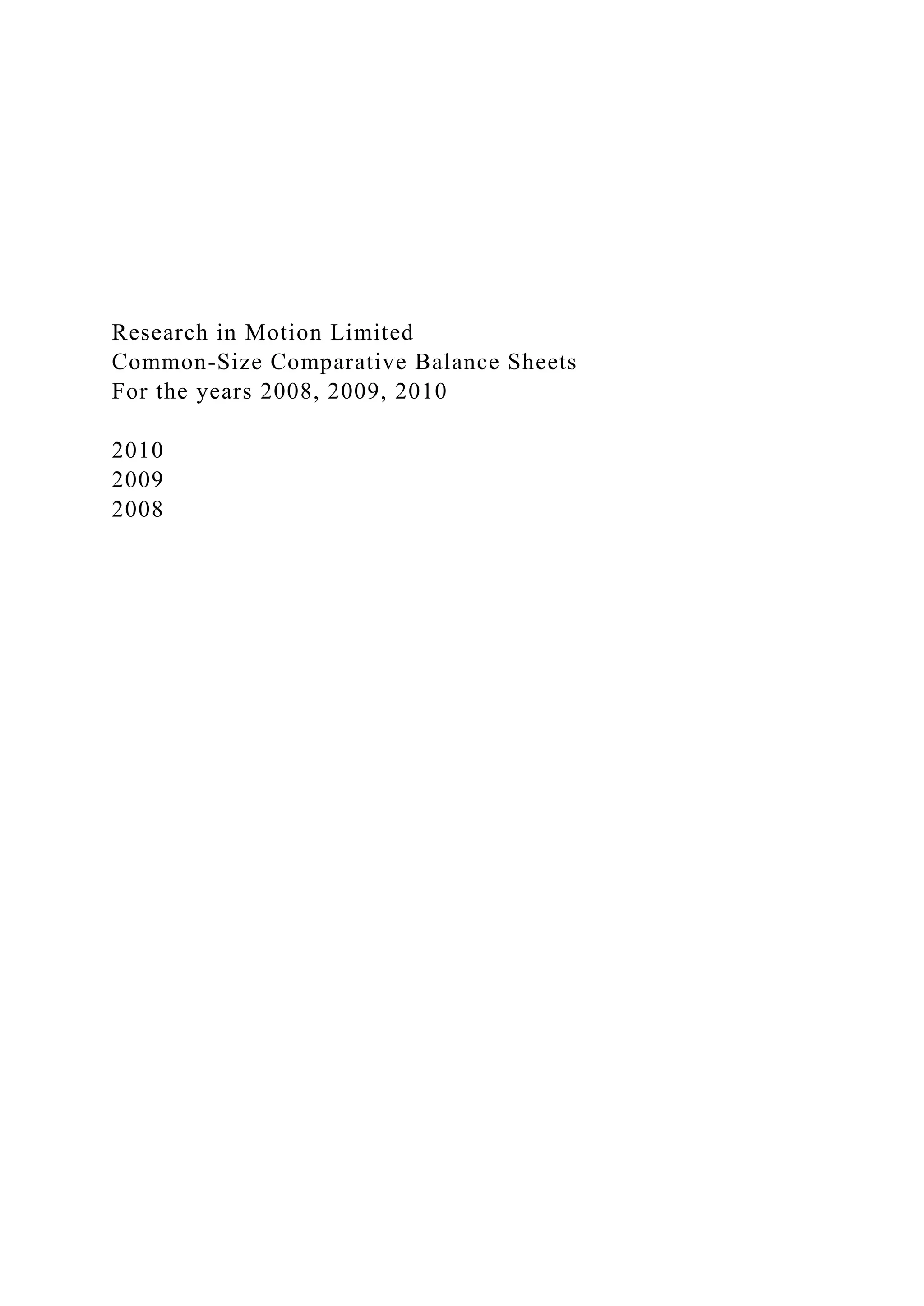 Research in Motion Limited
Common-Size Comparative Balance Sheets
For the years 2008, 2009, 2010
2010
2009
2008
 