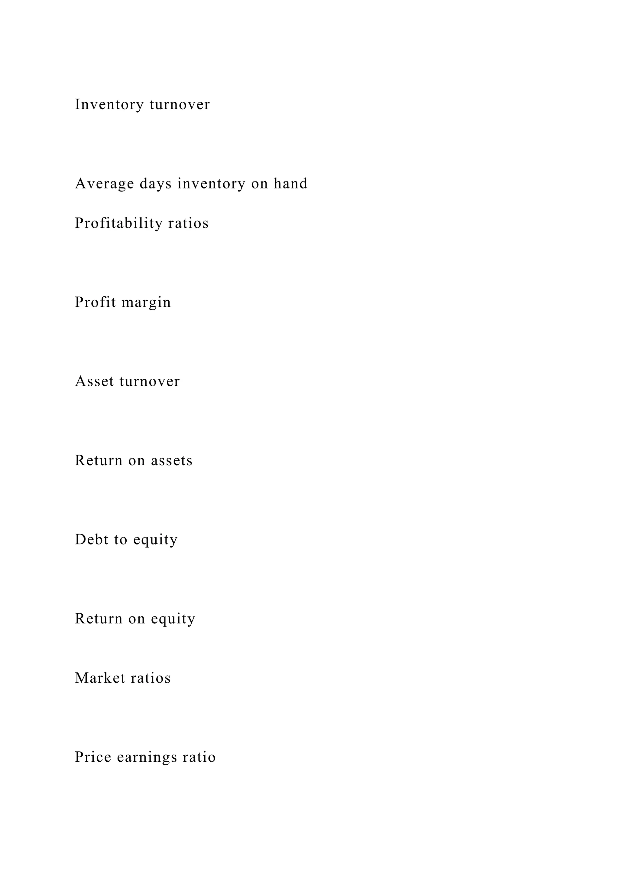 Inventory turnover
Average days inventory on hand
Profitability ratios
Profit margin
Asset turnover
Return on assets
Debt to equity
Return on equity
Market ratios
Price earnings ratio
 