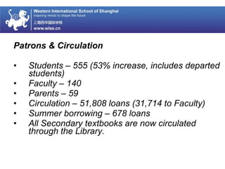Patrons & Circulation
• Students – 555 (53% increase, includes departed
students)
• Faculty – 140
• Parents – 59
• Circulation – 51,808 loans (31,714 to Faculty)
• Summer borrowing – 678 loans
• All Secondary textbooks are now circulated
through the Library.
 