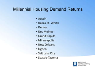 Millennial Housing Demand Returns
• Austin
• Dallas-Ft. Worth
• Denver
• Des Moines
• Grand Rapids
• Minneapolis
• New Orleans
• Ogden
• Salt Lake City
• Seattle-Tacoma
 