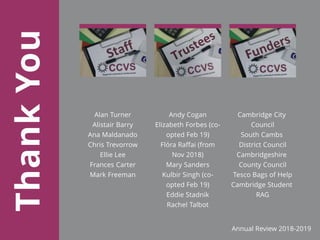 Alan Turner
Alistair Barry
Ana Maldanado
Chris Trevorrow
Ellie Lee
Frances Carter
Mark Freeman
ThankYou
Andy Cogan
Elizabeth Forbes (co-
opted Feb 19)
Flóra Raffai (from
Nov 2018)
Mary Sanders
Kulbir Singh (co-
opted Feb 19)
Eddie Stadnik
Rachel Talbot
Cambridge City
Council
South Cambs
District Council
Cambridgeshire
County Council
Tesco Bags of Help
Cambridge Student
RAG
Annual Review 2018-2019
 