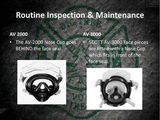 Routine Inspection & Maintenance

AV 2000                       AV 3000
• The AV-2000 Nose Cup goes   • SCOTT AV-3000 Face pieces
  BEHIND the face seal          are fitted with a Nose Cup
                                which fits in front of the
                                face seal.
 