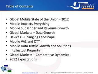 Table of Contents


•   Global Mobile State of the Union - 2012
•   Mobile Impacts Everything
•   Mobile Subscriber and Re...