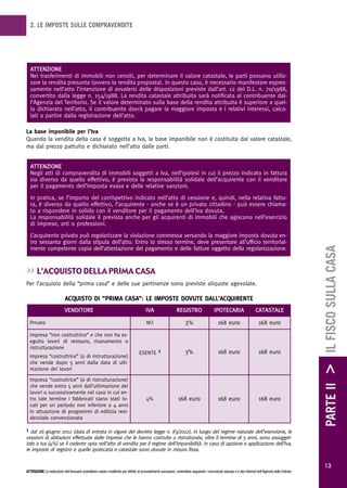 2. LE IMPOSTE SULLE COMPRAVENDITE




  ATTENZIONE
  Nei trasferimenti di immobili non censiti, per determinare il valore catastale, le parti possono utiliz-
  zare la rendita presunta (ovvero la rendita proposta). In questo caso, è necessario manifestare espres-
  samente nell’atto l’intenzione di avvalersi delle disposizioni previste dall’art. 12 del D.L. n. 70/1988,
  convertito dalla legge n. 154/1988. La rendita catastale attribuita sarà notificata al contribuente dal-
  l’Agenzia del Territorio. Se il valore determinato sulla base della rendita attribuita è superiore a quel-
  lo dichiarato nell’atto, il contribuente dovrà pagare la maggiore imposta e i relativi interessi, calco-
  lati a partire dalla registrazione dell’atto.

La base imponibile per l’Iva
Quando la vendita della casa è soggetta a Iva, la base imponibile non è costituita dal valore catastale,
ma dal prezzo pattuito e dichiarato nell’atto dalle parti.


  ATTENZIONE
  Negli atti di compravendita di immobili soggetti a Iva, nell’ipotesi in cui il prezzo indicato in fattura
  sia diverso da quello effettivo, è prevista la responsabilità solidale dell’acquirente con il venditore
  per il pagamento dell’imposta evasa e delle relative sanzioni.
  In pratica, se l’importo del corrispettivo indicato nell’atto di cessione e, quindi, nella relativa fattu-
  ra, è diverso da quello effettivo, l’acquirente - anche se è un privato cittadino - può essere chiama-
  to a rispondere in solido con il venditore per il pagamento dell’Iva dovuta.
  La responsabilità solidale è prevista anche per gli acquirenti di immobili che agiscono nell’esercizio
  di imprese, arti o professioni.
  L’acquirente privato può regolarizzare la violazione commessa versando la maggiore imposta dovuta en-
  tro sessanta giorni dalla stipula dell’atto. Entro lo stesso termine, deve presentare all’ufficio territorial-




                                                                                                                                                                                                        PARTE II > IL FISCO SULLA CASA
  mente competente copia dell’attestazione del pagamento e delle fatture oggetto della regolarizzazione.


>> L’acquisto deLLa prima casa
Per l’acquisto della “prima casa” e delle sue pertinenze sono previste aliquote agevolate.

                            ACQUISTO DI “PRIMA CASA”: LE IMPOSTE DOVUTE DALL’ACQUIRENTE
                            VENDITORE                                                   IVA                    REGISTRO                    IPOTECARIA                    CATASTALE

  Privato                                                                                NO                          3%                      168 euro                       168 euro

  impresa “non costruttrice” e che non ha es-
  eguito lavori di restauro, risanamento o
  ristrutturazione
                                                                                   ESENTE 1                          3%                      168 euro                       168 euro
  impresa “costruttrice” (o di ristrutturazione)
  che vende dopo 5 anni dalla data di ulti-
  mazione dei lavori

  impresa “costruttrice” (o di ristrutturazione)
  che vende entro 5 anni dall’ultimazione dei
  lavori o successivamente nel caso in cui en-
  tro tale termine i fabbricati siano stati lo-                                         4%                      168 euro                     168 euro                       168 euro
  cati per un periodo non inferiore a 4 anni
  in attuazione di programmi di edilizia resi-
  denziale convenzionata

1 dal 26 giugno 2012 (data di entrata in vigore del decreto legge n. 83/2012), in luogo del regime naturale dell’esenzione, le
cessioni di abitazioni effettuate dalle imprese che le hanno costruite o ristrutturate, oltre il termine di 5 anni, sono assogget-
tate a Iva (4%) se il cedente opta nell’atto di vendita per il regime dell’imponibilità. In caso di opzione e applicazione dell’Iva,
le imposte di registro e quelle ipotecaria e catastale sono dovute in misura fissa.


                                                                                                                                                                                                          13
ATTENZIONE Le indicazioni dell’Annuario potrebbero subire modifiche per effetto di provvedimenti successivi; controllarle seguendo i comunicati stampa e il sito Internet dell’Agenzia delle Entrate.
 