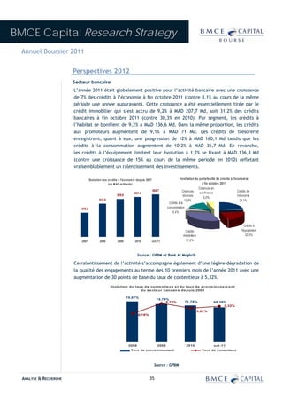 BMCE Capital Research Strategy
 Annuel Boursier 2011

                        Perspectives 2012
                        Secteur bancaire
                            L’année 2011 était globalement positive pour l’activité bancaire avec une croissance
                            de 7% des crédits à l’économie à fin octobre 2011 (contre 8,1% au cours de la même
                            période une année auparavant). Cette croissance a été essentiellement tirée par le
                            crédit immobilier qui s’est accru de 9,2% à MAD 207,7 Md, soit 31,2% des crédits
                            bancaires à fin octobre 2011 (contre 30,3% en 2010). Par segment, les crédits à
                            l’habitat se bonifient de 9,2% à MAD 136,6 Md. Dans la même proportion, les crédits
                            aux promoteurs augmentent de 9,1% à MAD 71 Md. Les crédits de trésorerie
                            enregistrent, quant à eux, une progression de 12% à MAD 160,1 Md tandis que les
                            crédits à la consommation augmentent de 10,2% à MAD 35,7 Md. En revanche,
                            les crédits à l’équipement limitent leur évolution à 1,2% se fixant à MAD 136,8 Md
                            (contre une croissance de 15% au cours de la même période en 2010) reflétant
                            vraisemblablement un ralentissement des investissements.

                                                                                                             Ventilation du portefeuille de crédits à l'économ ie
                                       Evolution des crédits à l'économ ie depuis 2007
                                                     (en M AD m illiards)                                                     à fin octobre 2011
                                                                                                                           Créances en
                                                                                         664,7                  Créances                                  Crédits de
                                                                         621,4                                              souffrance
                                                            589,6                                                diverses                                 trésorerie
                                                                                                                               5,0%
                                              519,5                                                               13,8%                                     24,1%
                                                                                                    Crédits à la
                               378,0                                                               consommation
                                                                                                       5,4%


                                                                                                                                                                Crédits à
                                                                                                                 Crédits                                     l'équipement
                                                                                                               immobiliers                                       20,6%
                               2007            2008         2009         2010            oct-11                  31,2%



                                                                            Source : GPBM et Bank Al Maghrib

                            Ce ralentissement de l’activité s’accompagne également d’une légère dégradation de
                            la qualité des engagements au terme des 10 premiers mois de l’année 2011 avec une
                            augmentation de 30 points de base du taux de contentieux à 5,32%.
                                                       Evolution du taux de conte ntie ux e t du taux de pr ovis ionne m e nt
                                                                       du s e cte ur bancair e de puis 2008
                                                      92%                                                                                                 7%
                                                                    79,67%
                                                      82%                                   74,79%
                                                                                                 5,75%          71,78%                 68,39%     6%
                                                      72%                                                                                   5,32%
                                                                                                                                                  5%
                                                      62%                                                                    5,02%
                                                      52%                   4,18%                                                                         4%
                                                      42%                                                                                                 3%
                                                      32%
                                                                                                                                                          2%
                                                      22%
                                                      12%                                                                                                 1%

                                                      2%                                                                                                  0%
                                                                     2008                   2009                 2010                  oct-11
                                                                      Taux de prov is ionnement                                Taux de c ontentieux



                                                                                          Source : GPBM


  ANALYSE & RECHERCHE                                                               35
 