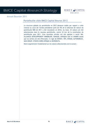BMCE Capital Research Strategy
 Annuel Boursier 2011
                        Portefeuille cible BMCE Capital Bourse 2012

                        La structure globale du portefeuille en 2012 demeure stable par rapport a celle
                        retenue au cours de l’année précédente (près de 75% de la sélection de valeurs du
                        portefeuille BKB de 2011 a été reconduite en 2012). Au total, 23 valeurs ont été
                        sélectionnées dans le nouveau portefeuille, contre 24 lors de la constitution du
                        portefeuille pour 2011. Cinq nouvelles entrées ont été opérées à savoir SMI,
                        ALLIANCES DEVELOPPEMENT IMMOBILIER, SONASID, AFRIQUIA GAZ et UNIMER tandis
                        que six sorties ont été effectuées. Il s’agit de DISWAY, HPS, ENNAKL AUTOMOBILES,
                        M2M GROUP, STOKVIS NORD AFRIQUE et MICRODATA.
                        Notre argumentaire fondamental sur les valeurs sélectionnées est le suivant :




  ANALYSE & RECHERCHE                                      56
 
