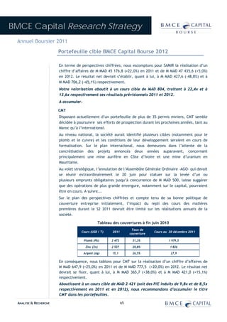 BMCE Capital Research Strategy
 Annuel Boursier 2011
                        Portefeuille cible BMCE Capital Bourse 2012

                        En terme de perspectives chiffrées, nous escomptons pour SAMIR la réalisation d’un
                        chiffre d’affaires de M MAD 45 176,8 (+22,0%) en 2011 et de M MAD 47 435,6 (+5,0%)
                        en 2012. Le résultat net devrait s’établir, quant à lui, à M MAD 427,6 (-48,8%) et à
                        M MAD 706,2 (+65,1%) respectivement.
                        Notre valorisation aboutit à un cours cible de MAD 804, traitant à 22,4x et à
                        13,6x respectivement ses résultats prévisionnels 2011 et 2012.
                        A accumuler.

                        CMT
                        Disposant actuellement d’un portefeuille de plus de 35 permis miniers, CMT semble
                        décidée à poursuivre ses efforts de prospection durant les prochaines années, tant au
                        Maroc qu’à l’international.
                        Au niveau national, la société aurait identifié plusieurs cibles (notamment pour le
                        plomb et le cuivre) et les conditions de leur développement seraient en cours de
                        formalisation. Sur le plan international, nous demeurons dans l’attente de la
                        concrétisation des projets annoncés deux années auparavant, concernant
                        principalement une mine aurifère en Côte d’Ivoire et une mine d’uranium en
                        Mauritanie.
                        Au volet stratégique, l’annulation de l’Assemblée Générale Ordinaire –AGO- qui devait
                        se réunir extraordinairement le 20 juin pour statuer sur la levée d’un ou
                        plusieurs emprunts obligataires jusqu’à concurrence de M MAD 500, laisse suggérer
                        que des opérations de plus grande envergure, notamment sur le capital, pourraient
                        être en cours. A suivre...
                        Sur le plan des perspectives chiffrées et compte tenu de sa bonne politique de
                        couverture entreprise initialement, l’impact du repli des cours des matières
                        premières durant le S2 2011 devrait être limité sur les réalisations annuels de la
                        société.

                                                Tableau des couvertures à fin juin 2010
                                                                     Taux de
                                    Cours (USD / T)     2011                     Cours au 30 décembre 2011
                                                                    couverture

                                       Plomb (Pb)      2 475         31,3%               1 979,5

                                        Zinc (Zn)      2 537         20,8%                1 826

                                       Argent (Ag)      15,1         26,5%                 27,9

                        En conséquence, nous tablons pour CMT sur la réalisation d’un chiffre d’affaires de
                        M MAD 647,9 (+25,0%) en 2011 et de M MAD 777,5 (+20,0%) en 2012. Le résultat net
                        devrait se fixer, quant à lui, à M MAD 365,7 (+38,0%) et à M MAD 421,0 (+15,1%)
                        respectivement.
                        Aboutissant à un cours cible de MAD 2 421 (soit des P/E induits de 9,8x et de 8,5x
                        respectivement en 2011 et en 2012), nous recommandons d’accumuler le titre
                        CMT dans les portefeuilles.

  ANALYSE & RECHERCHE                                          65
 