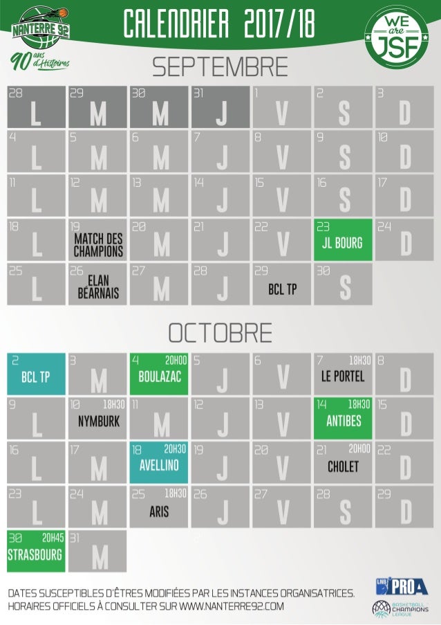 Calendrier Nanterre 92 - 2017/18