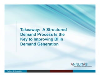 Takeaway: A Structured
Demand Process Is the
Key to Improving BI in
Demand Generation
Twi$er:	
  @abneedles	
  
 