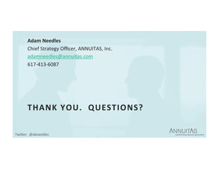 THANK	YOU.		QUESTIONS?	
Adam	Needles	
Chief	Strategy	Oﬃcer,	ANNUITAS,	Inc.	
adamneedles@annuitas.com	
617-413-6087	
TwiDer:		@abneedles	
 