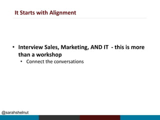 @sarahshelnut
It Starts with Alignment
• Interview Sales, Marketing, AND IT - this is more
than a workshop
• Connect the conversations
 