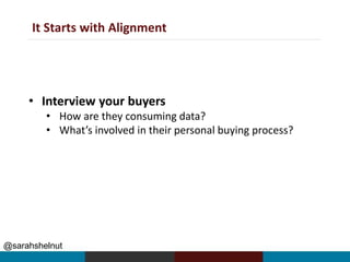 @sarahshelnut
It Starts with Alignment
• Interview your buyers
• How are they consuming data?
• What’s involved in their personal buying process?
 