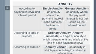 ANNUITY
According to
payment interval and
interest period
Simple Annuity
– an annuity
where the
payment interval
is the same as
the interest
period
General Annuity –
an annuity where
the payment
interval is not the
same as the
interest period.
According to time of
payment
Ordinary Annuity (Annuity
Immediate) – a type of annuity in
which the payments are made at the
end of each payment interval
According to duration Annuity Certain – an annuity in
which payments begin and end at
 