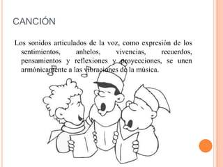 CANCIÓN
Los sonidos articulados de la voz, como expresión de los
sentimientos, anhelos, vivencias, recuerdos,
pensamientos y reflexiones y proyecciones, se unen
armónicamente a las vibraciones de la música.
 