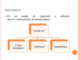 HISTORIETA
 Es un medio de expresión y difusión
masiva, característica, de nuestra época.
puede ser:
Corte
dramático
policiaco humorístico
 